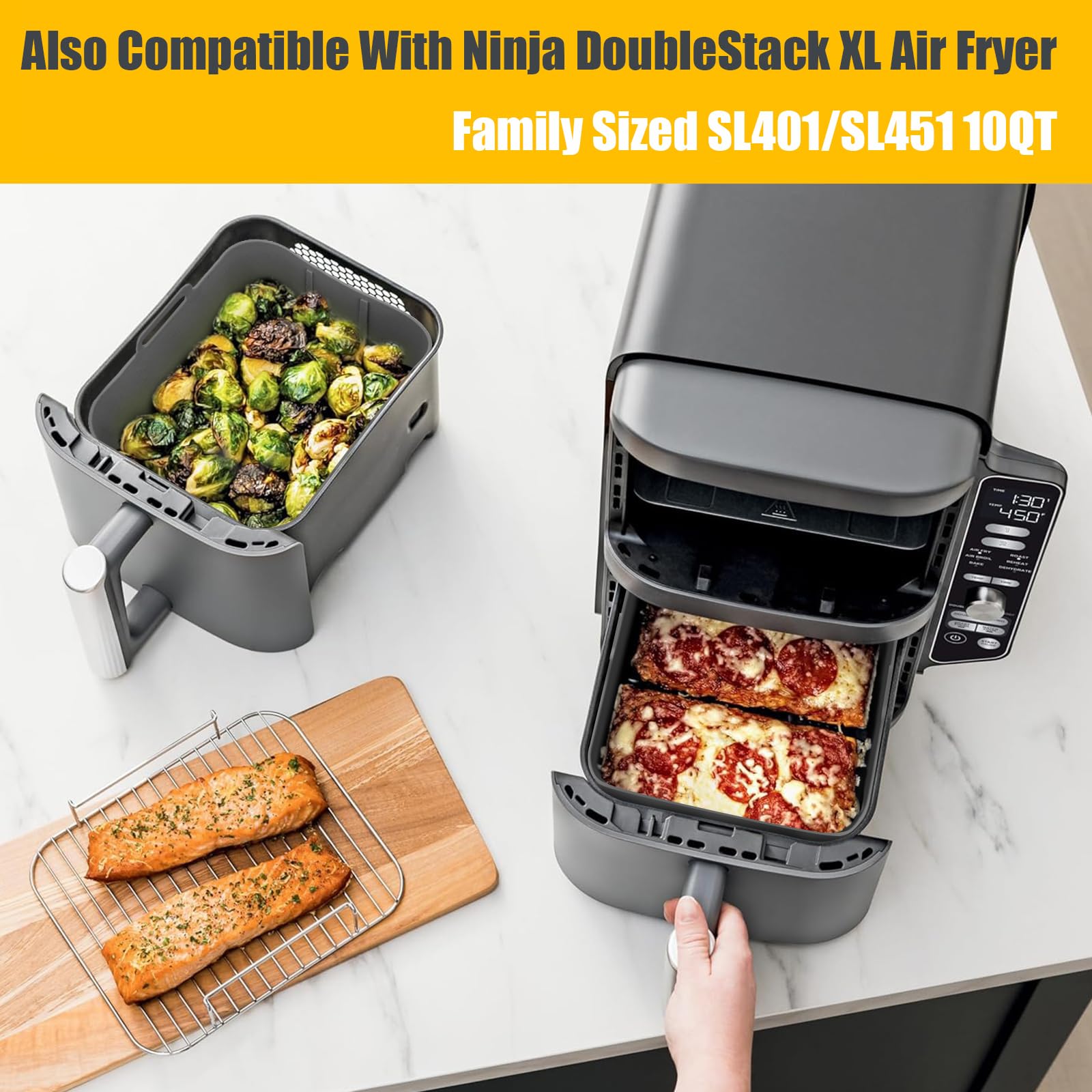 10Qt Air Fryer Silicone Liners For Ninja Dual Zone Dz401/Dz550/Dz302,For Ninja Doublestack Sl401/Sl451,2Pc Reusable Rectangle Ai