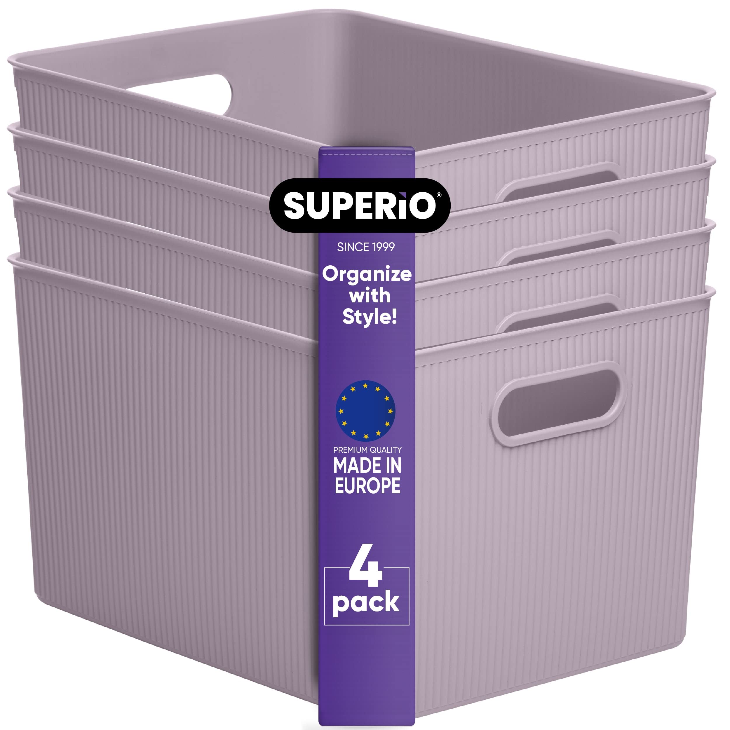 Superio Ribbed Collection - Decorative Plastic Open Home Storage Bins Organizer Baskets, X-Large Lilac Purple (4 Pack) Container