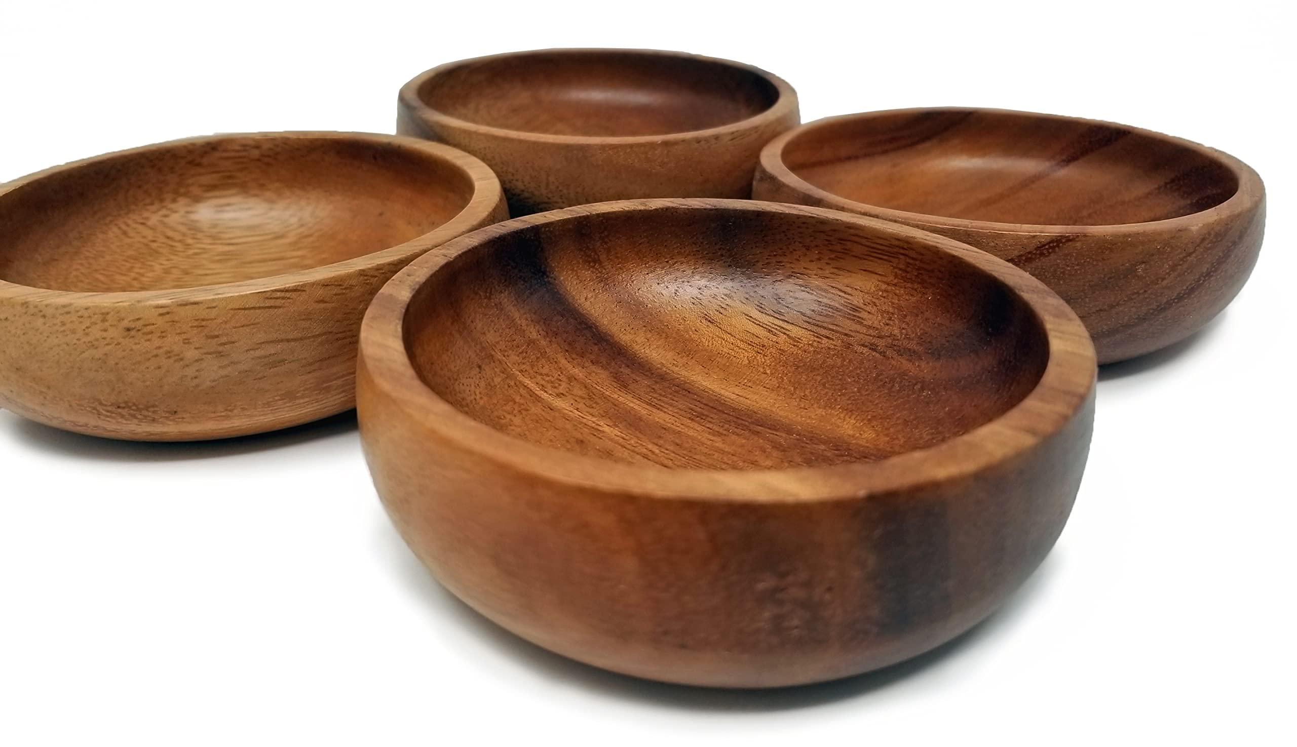 Acacia Wood Hand-Carved Small Bowls Round 4'' Set Of 4 For Condiments, Sauce, Nuts, Olives, Dips And Food Prep (6Oz)