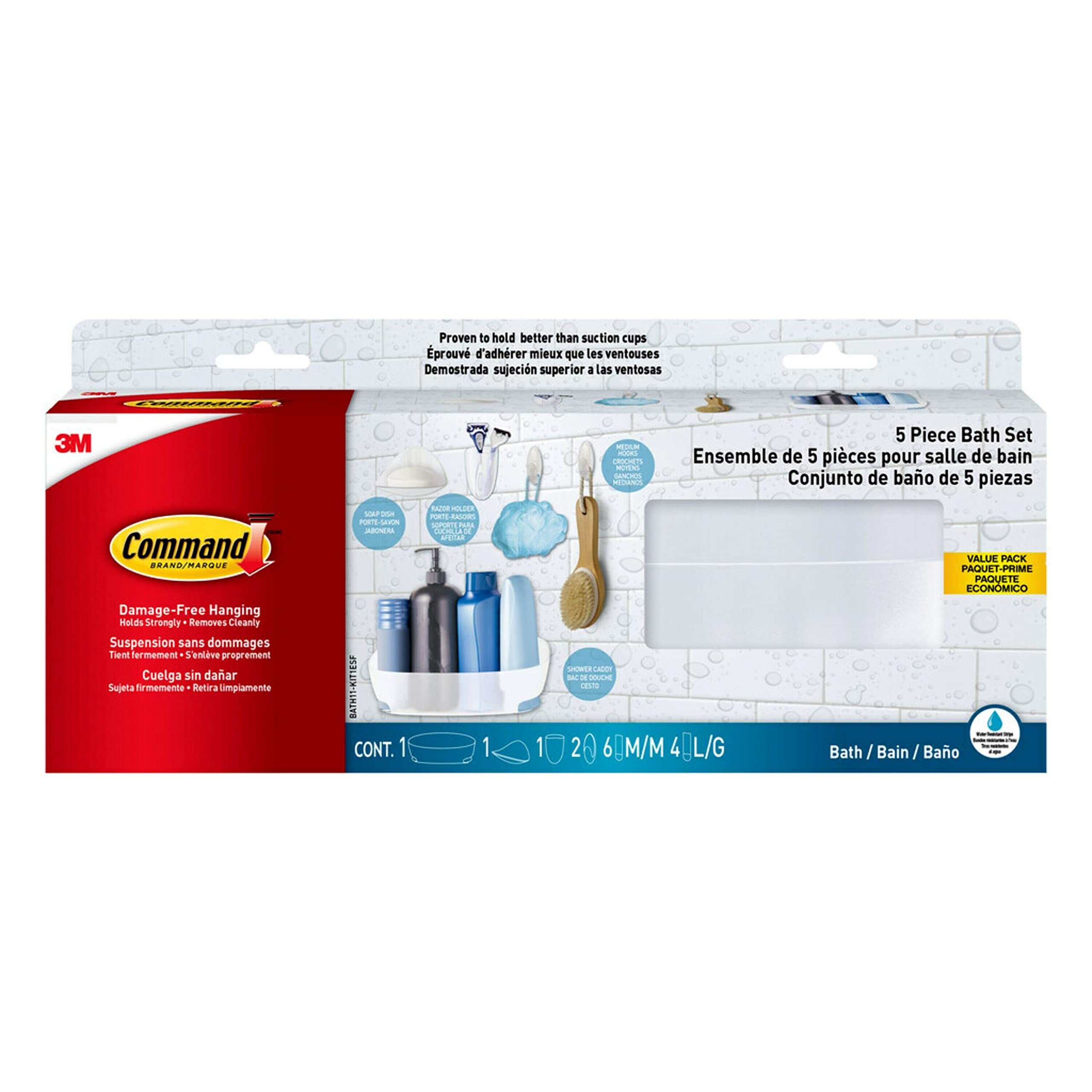 Command Bathroom Accessories, 5 Piece Bathroom Organizer Set - 1 Shower Caddy, 1 Soap Dish, 1 Toothbrush Holder, 2 Hooks With Wa