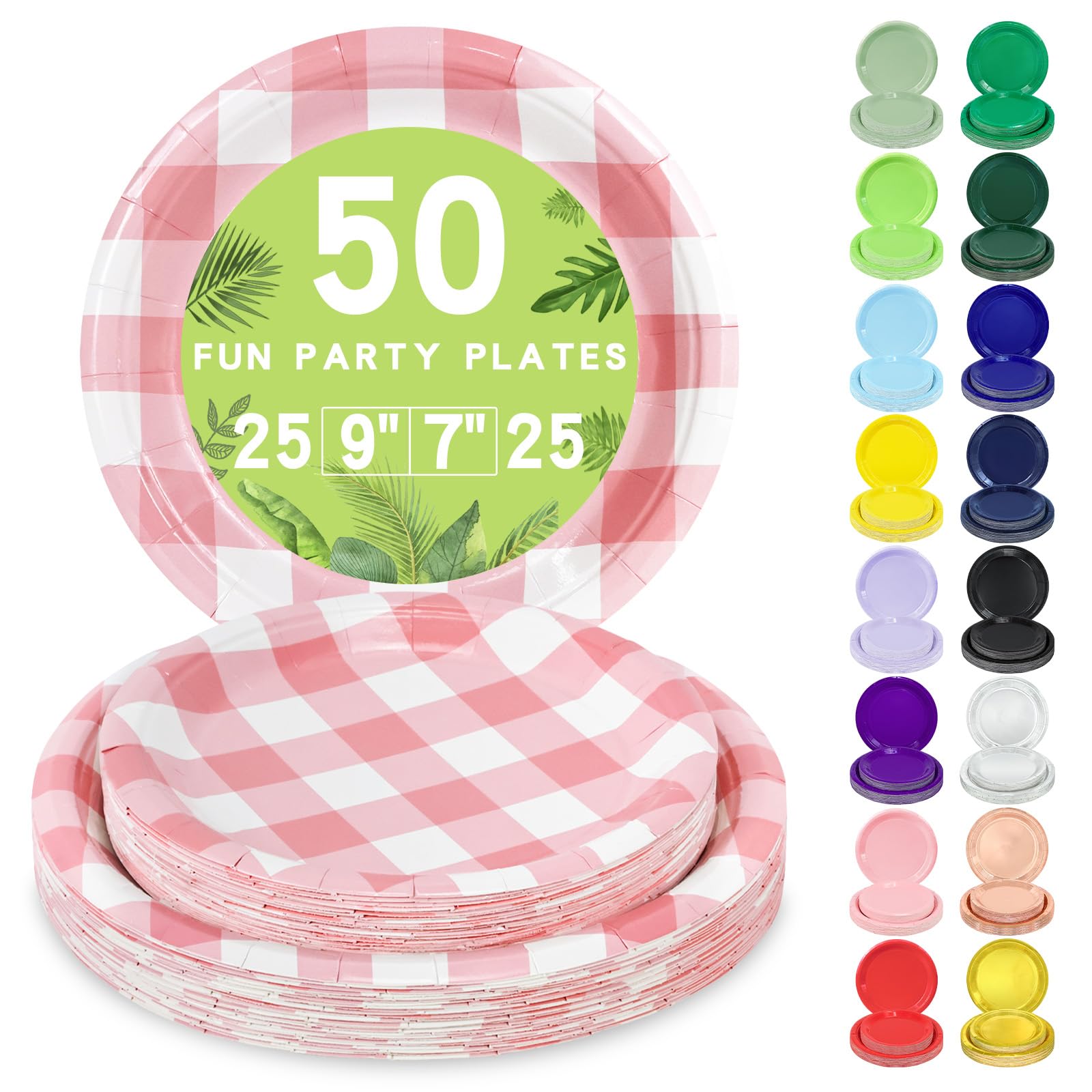 LANLISA 50 Pink Gingham Paper Plates Set Includes 25-9 & 25-7 Disposable Birthday Cake Dessert Pink and White Plates for Party S