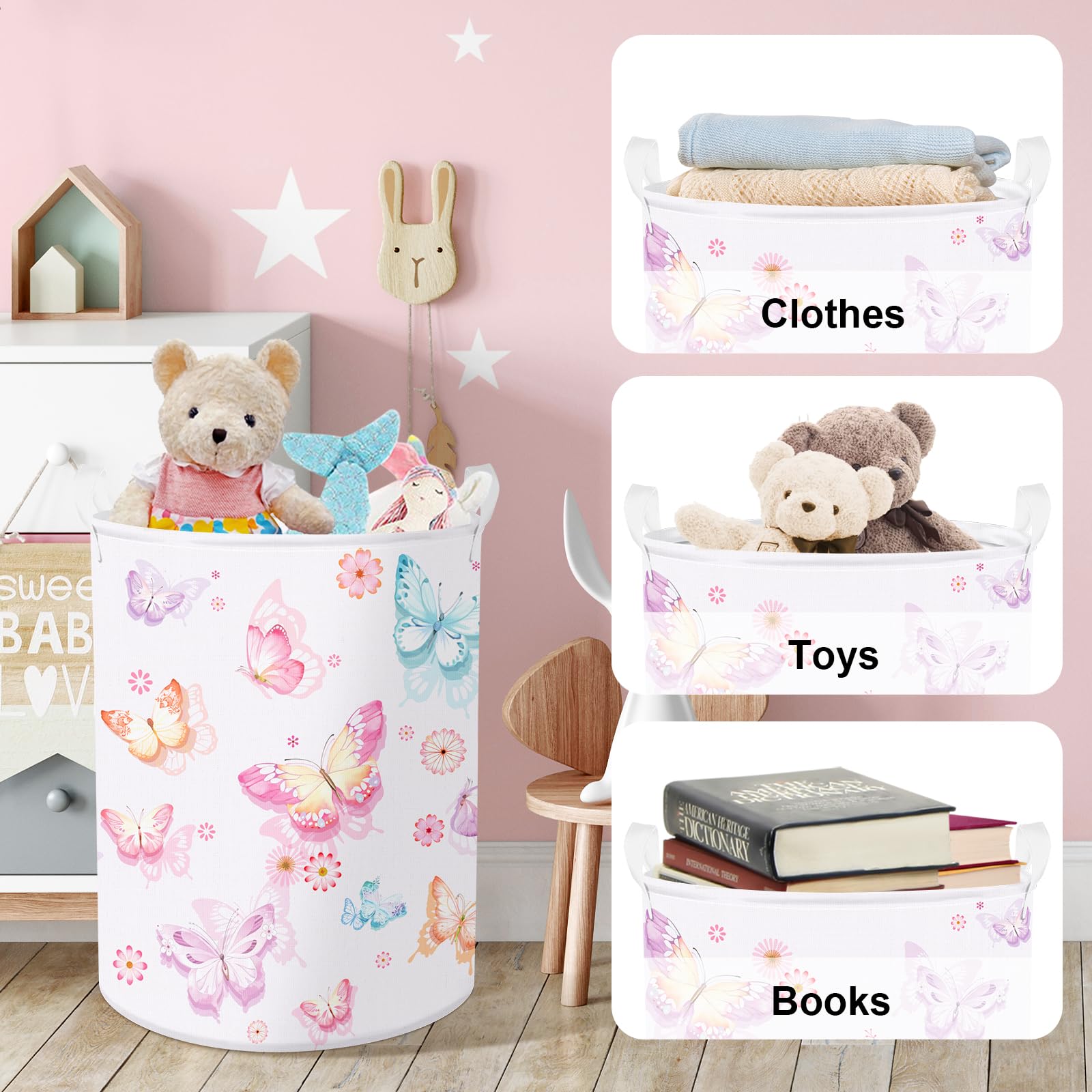 Clastyle Large Purple Pink Butterfly Laundry Basket Waterproof Flower Clothes Nursery Hamper for Baby Girl Collapsible Toy Stora