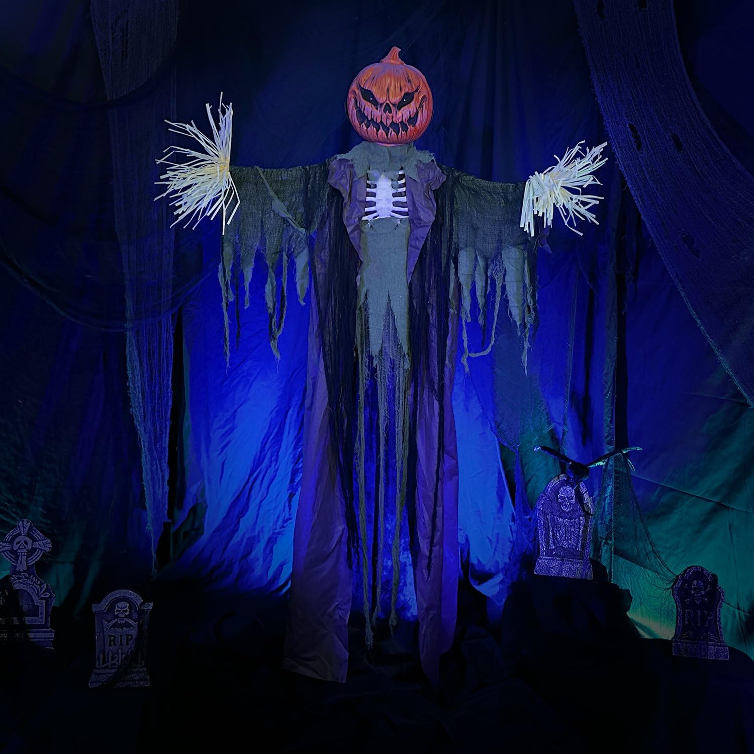 Haunted Hill Farm Life-Size Poseable Pumpkin Scarecrow, Halloween Animatronic with Touch Activated Lights and Sound, Scary Frigh