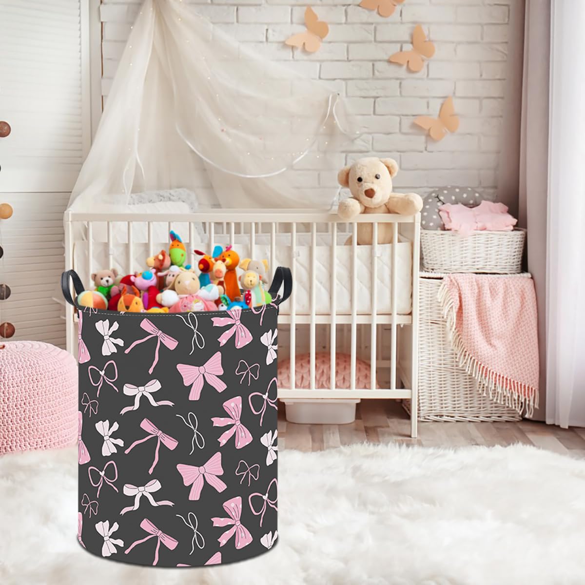 Hkec 19.7 Laundry Basket,Kids Dirty Clothes Hamper,Waterproof Toys Storage Bin,Room Decor,Gift Baskets,Nursery Hamper(Bowknot)