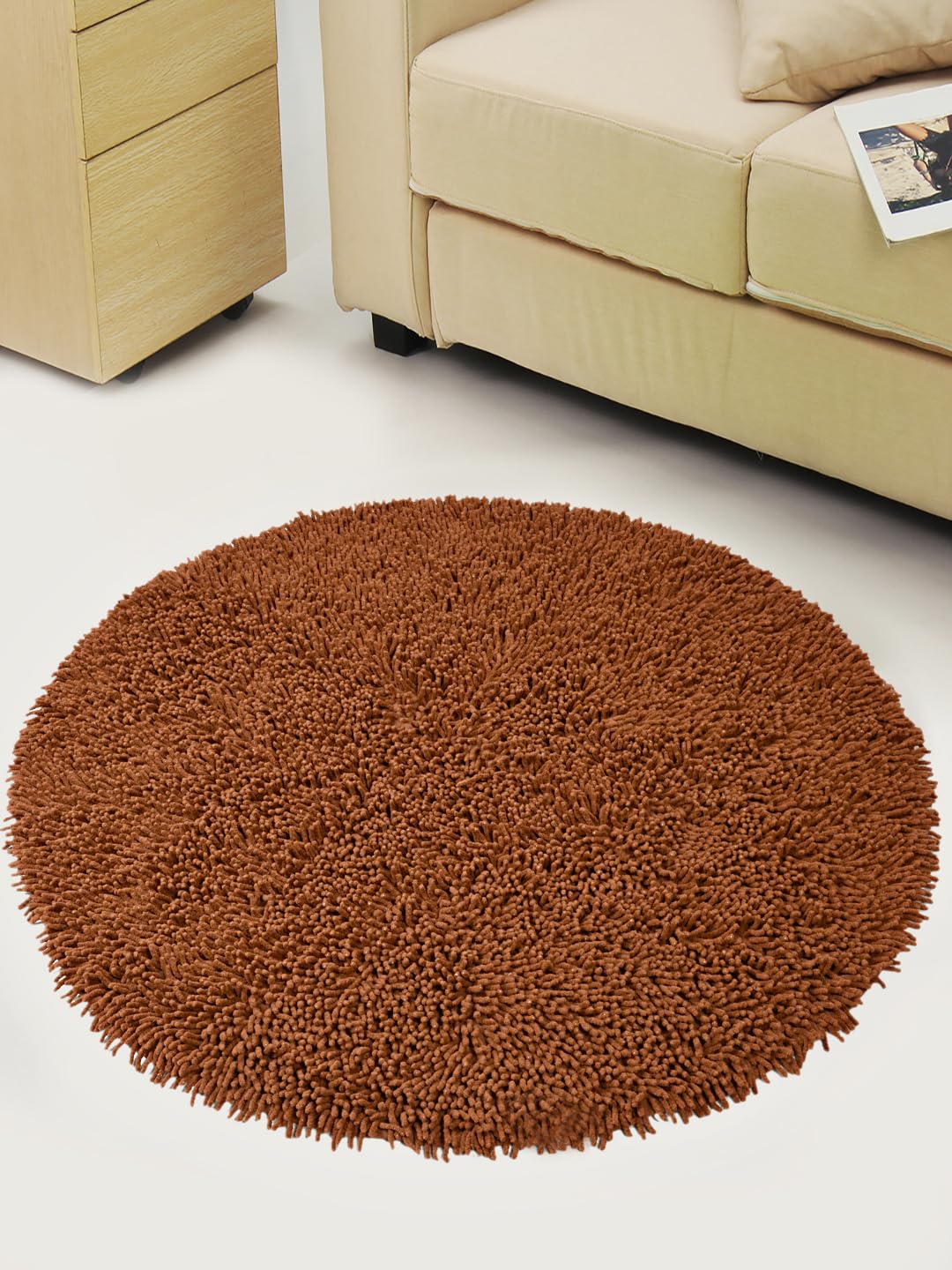 Saral Home Easy Living Cotton Shaggy Anti-Skid Round Bath Mat (Brown, 90X90 Cm)