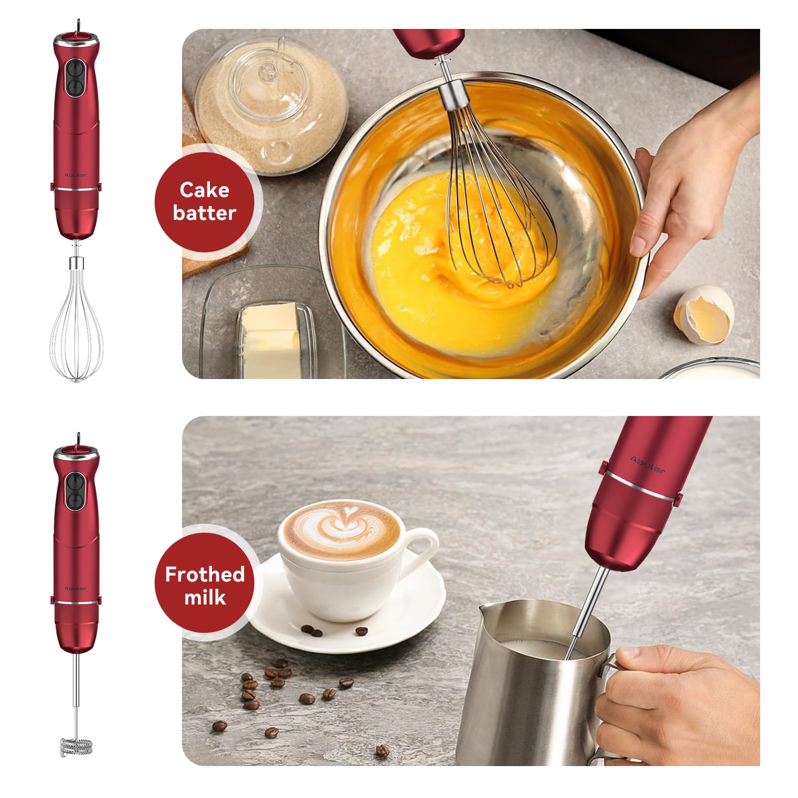 Abuler Immersion Blender 5 in 1, 1000W Hand Mixer, 12 Speed, 304 Stainless Steel, Red, Model HB-2035, with Beaker, Chopper