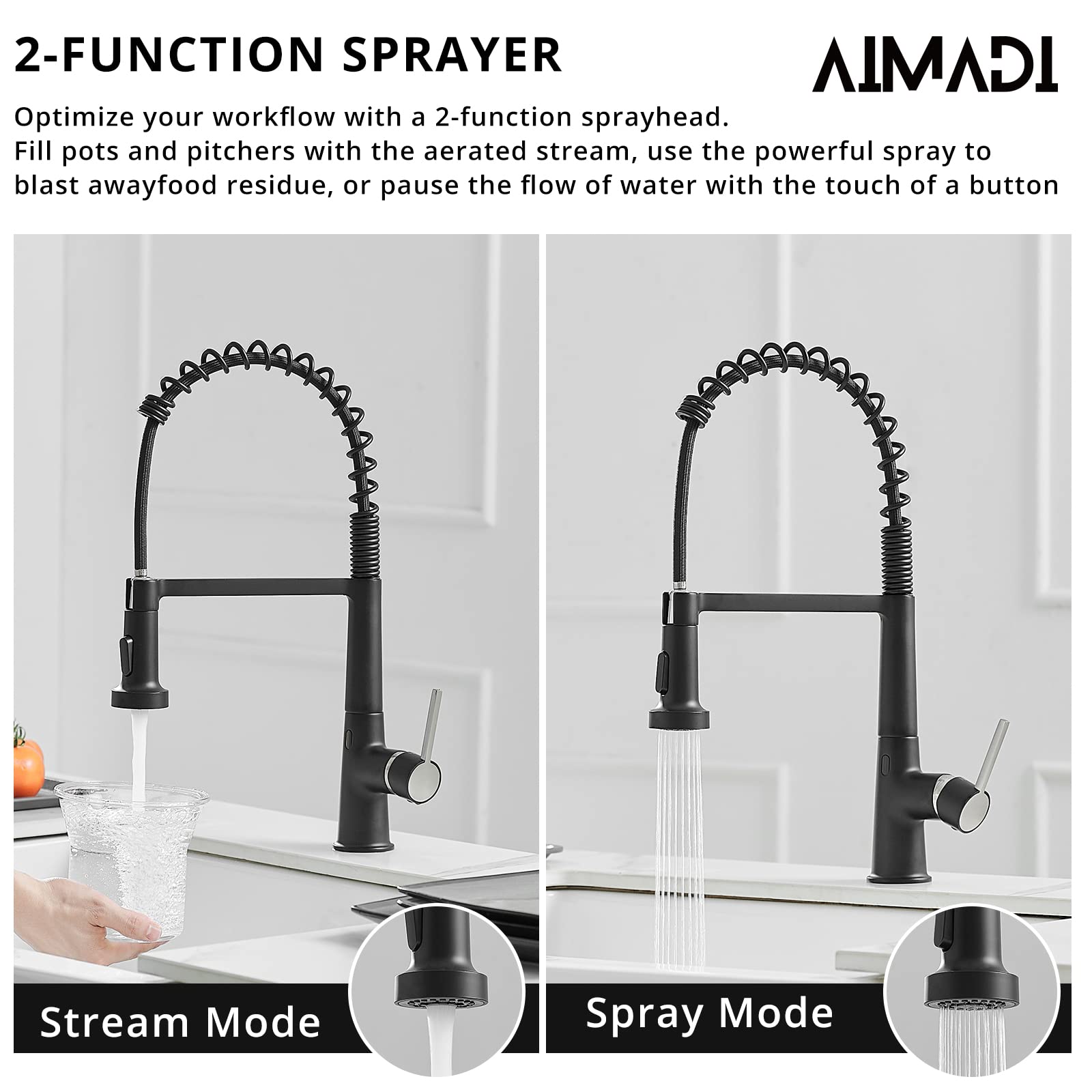 Black Touchless Kitchen Faucet AIMADI - Sensor Kitchen Faucets with Pull Down Sprayer Smart Hands-Free Activated Single Handle Spring Matte Black Kitchen Faucets