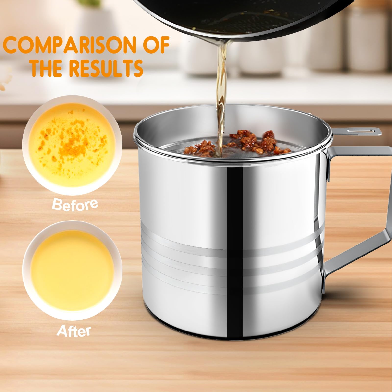 Chihee Grease Container Stainless Steel Bacon Grease Saver With Fine Mesh Strainer 1.2L / 40 Fl Oz Oil Container Grease Can With