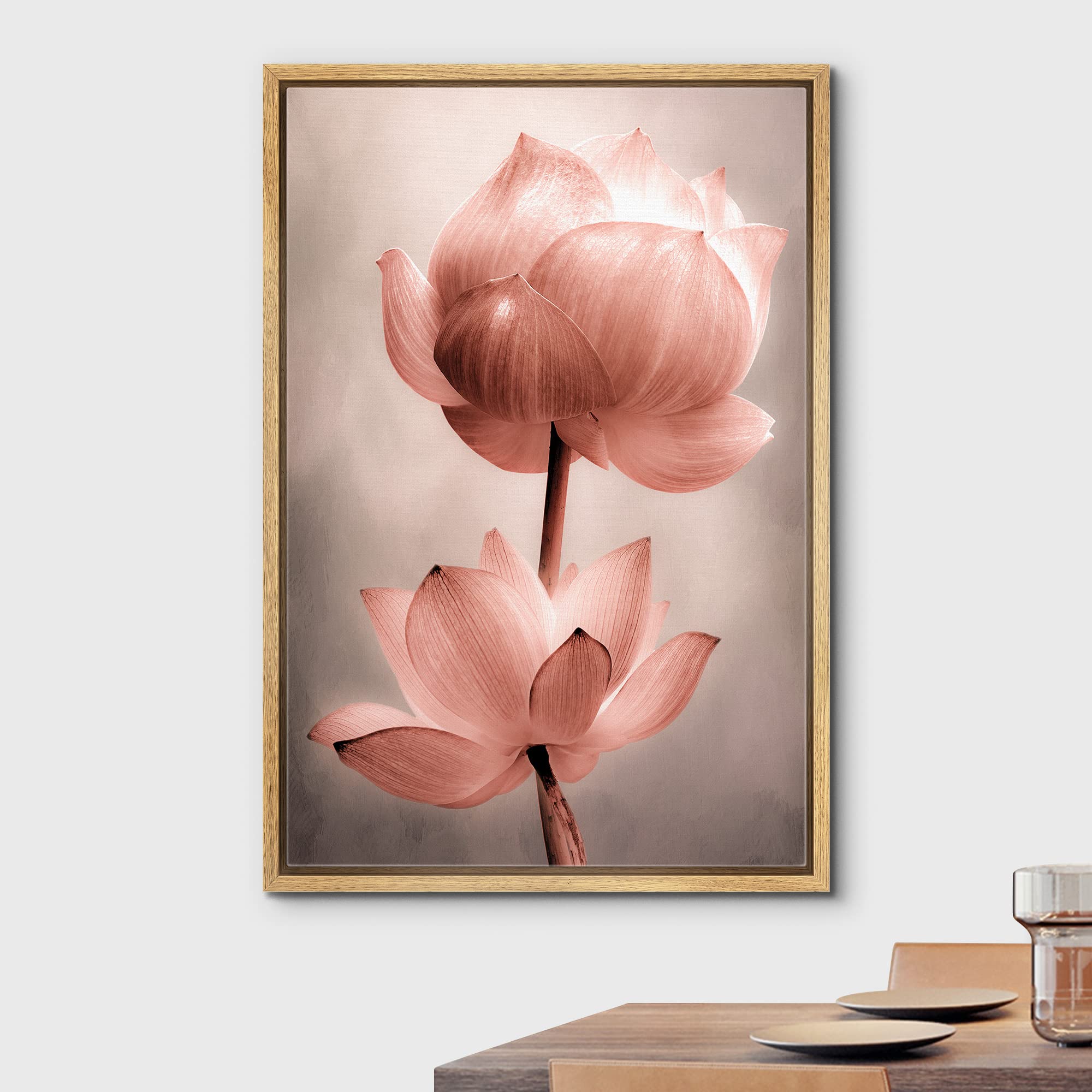 Wall26 Framed Canvas Wall Art - Closeup Of Lotus Flower - Gallery Wrap Modern Home Art | Ready To Hang - 16''X24'' Natural