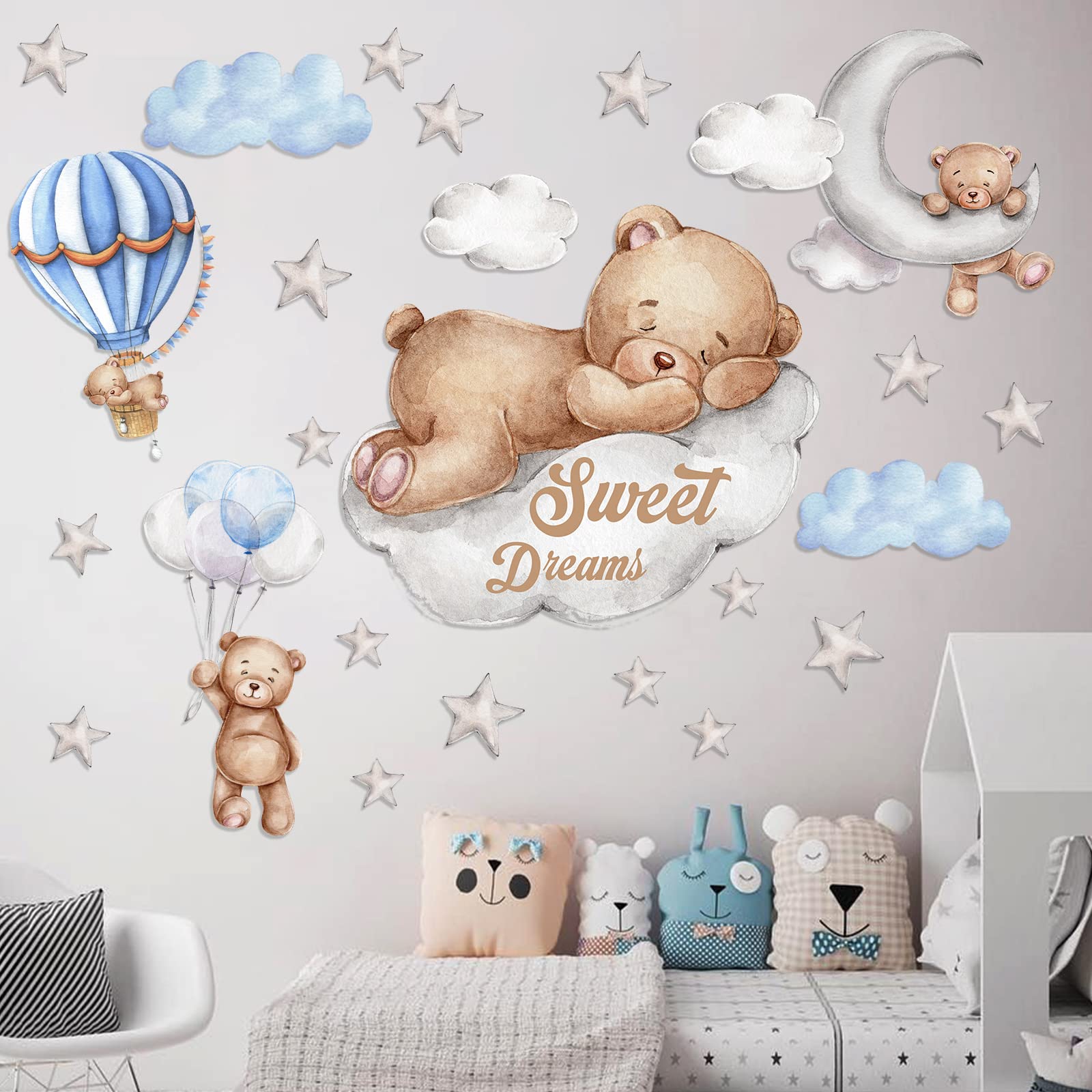 Tedy Bear Sleeping On The Moon And Stars Wall Stickers For Kids Baby Room Decor Sweet Dream Moon Hot Air Star Baby Nursery Decor