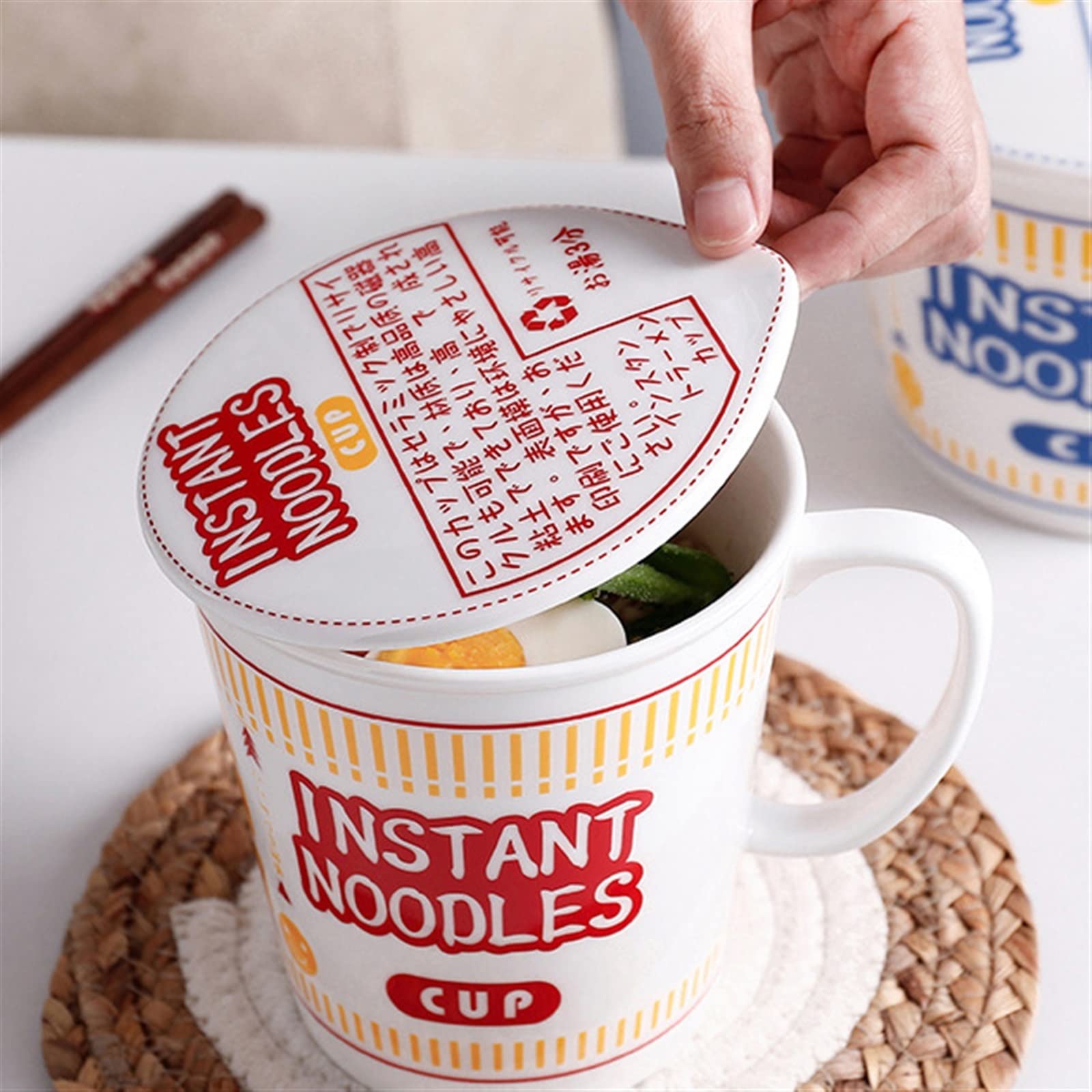 Hanghaijia Instant Noodle Bowl Ceramic With Cover, Creative Ramen Soup Bowl Mug Cover Student Lunch Box Bowl (Color : Red, Size