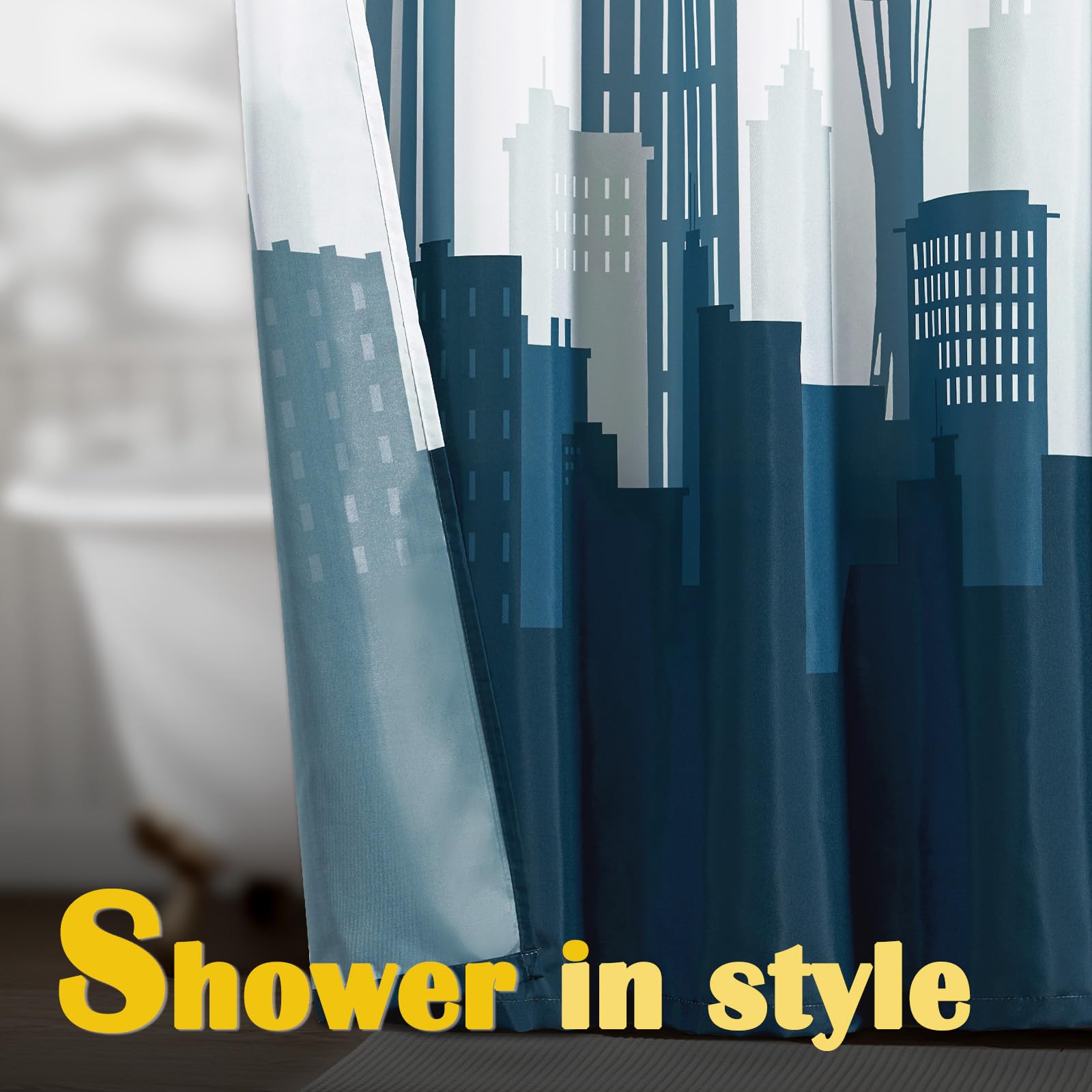 Jinchan Blue And White Ombre Shower Curtain City Skyline Unique Design Shower Curtains For Bathroom Modern Luxury Cityscape Wate