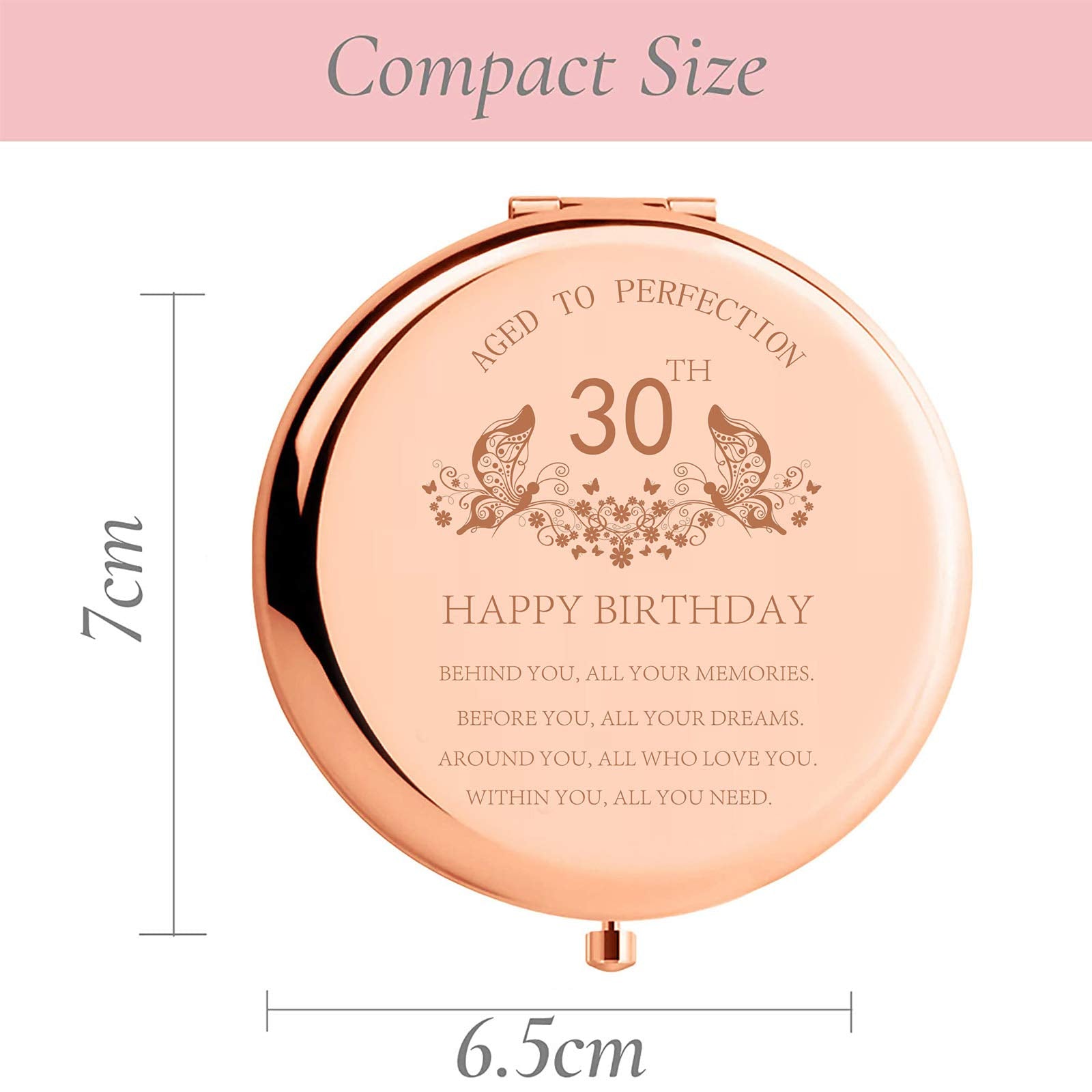 30th Birthday Gift for Women Stainless Steel Portable Compact Makeup Mirror with Gift Box Behind You All Your Memories Unique Gifts Ideas Engraved Compact Cosmetic Mirror for Friend Coworker Rose Gold