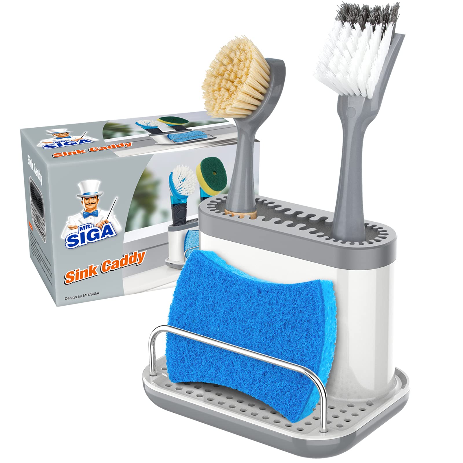 Mr.Siga Sink Caddy, Kitchen Sink Organizer Sponge Brush Holder With Drip Tray, White & Gray