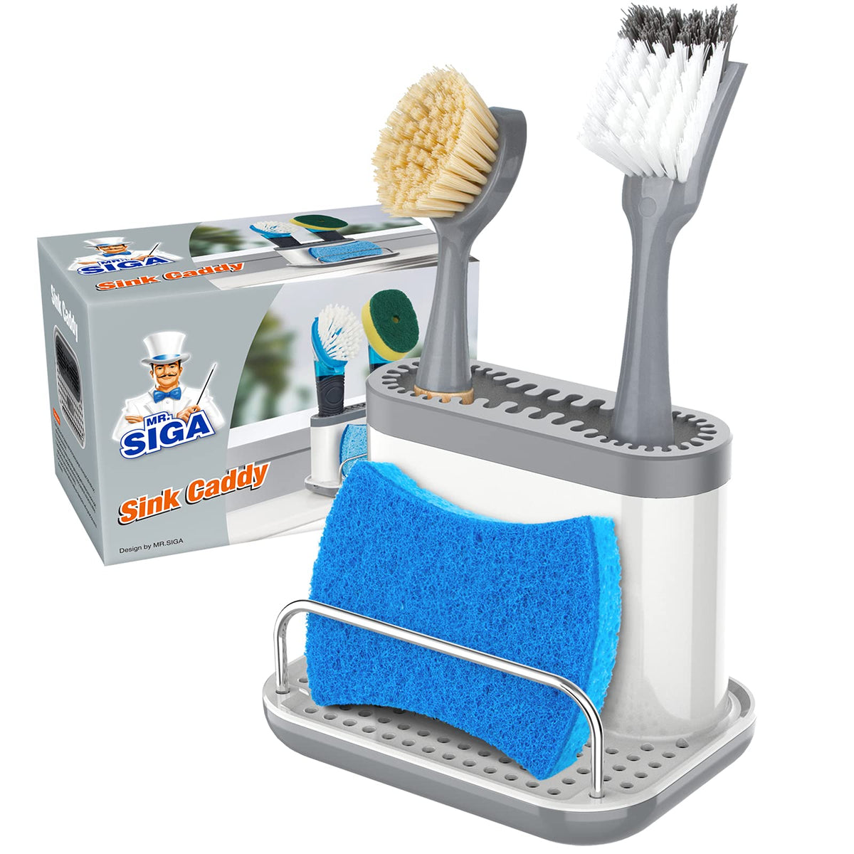 Mr.Siga Sink Caddy, Kitchen Sink Organizer Sponge Brush Holder With Drip Tray, White & Gray