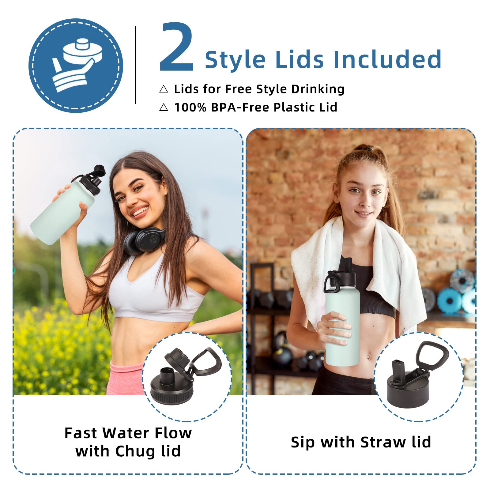 Volhoply 32 oz Insulated Water Bottles Bulk 2 Pack with Straw Lid & Spout Lid Stainless Steel Sports Water Bottle Double Wall Vacuum Thermos Leakproof Wide Mouth Metal Flask for Hiking Camping(Fog 2)