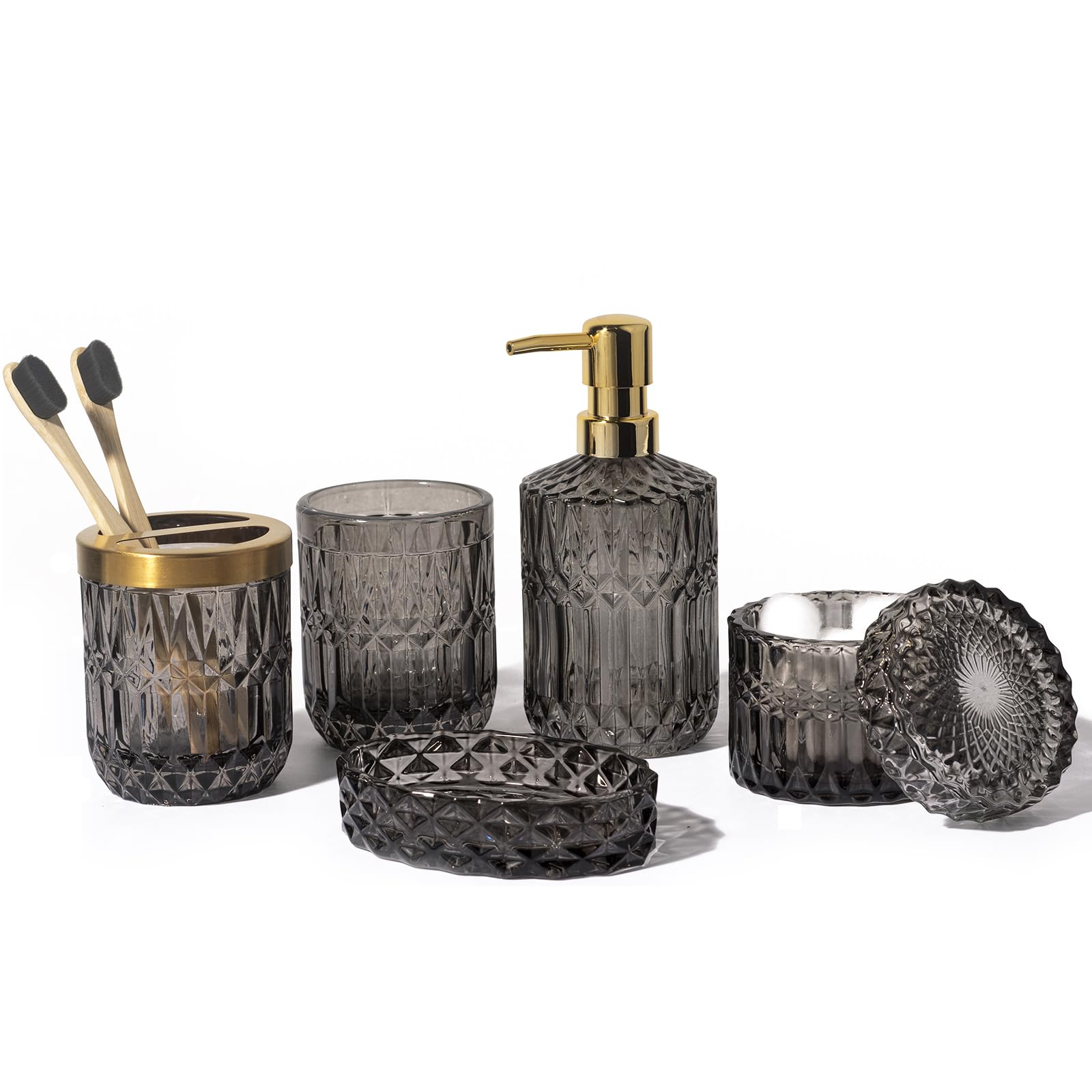 Empo 6Pcs Bathroom Clear Glass Accessories Set (Lotion Soap Dispenser, Soap Dish, Toothbrush Holder, Tumbler, Cotton Swab Jar) C