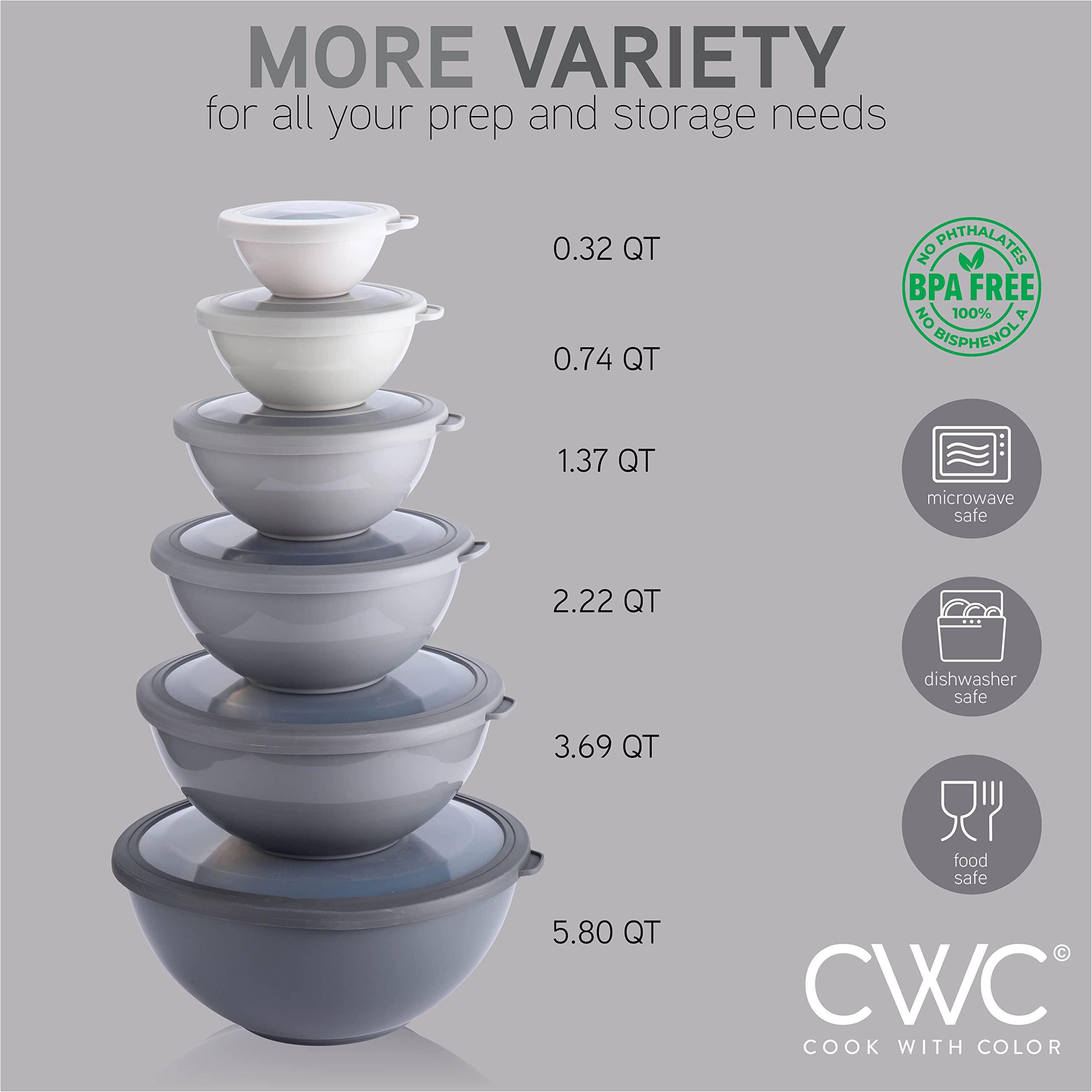 Cook With Color Mixing Bowls Set With Tpr Lids - 12 Piece Plastic Nesting Bowls Set Includes 6 Prep Bowls And 6 Lids, Microwave