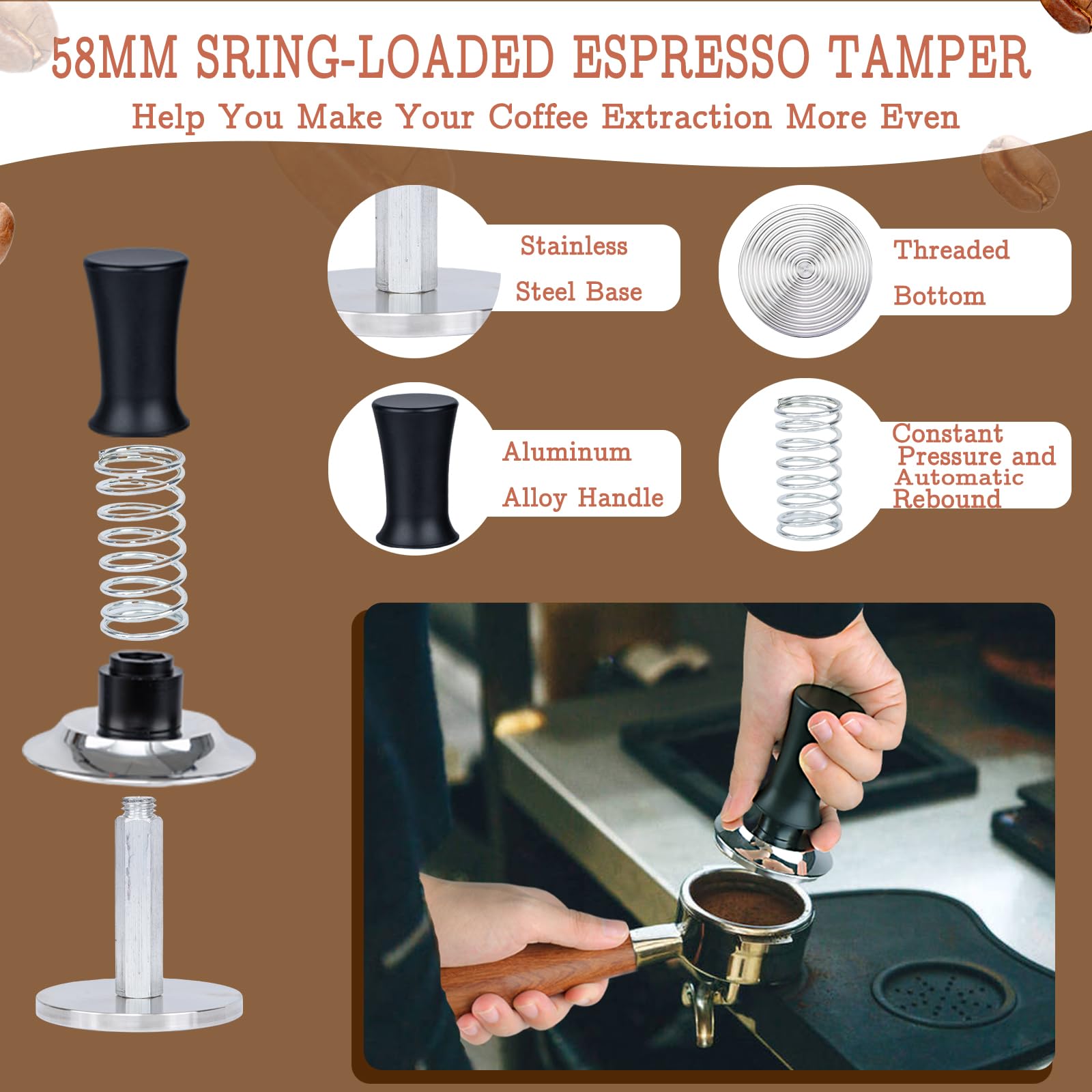 58Mm Espresso Tamper Set - Spring-Loaded Coffee Tamper, Adjustable Depth Espresso Distributor Leveler, Magnetic Dosing Funnel Al