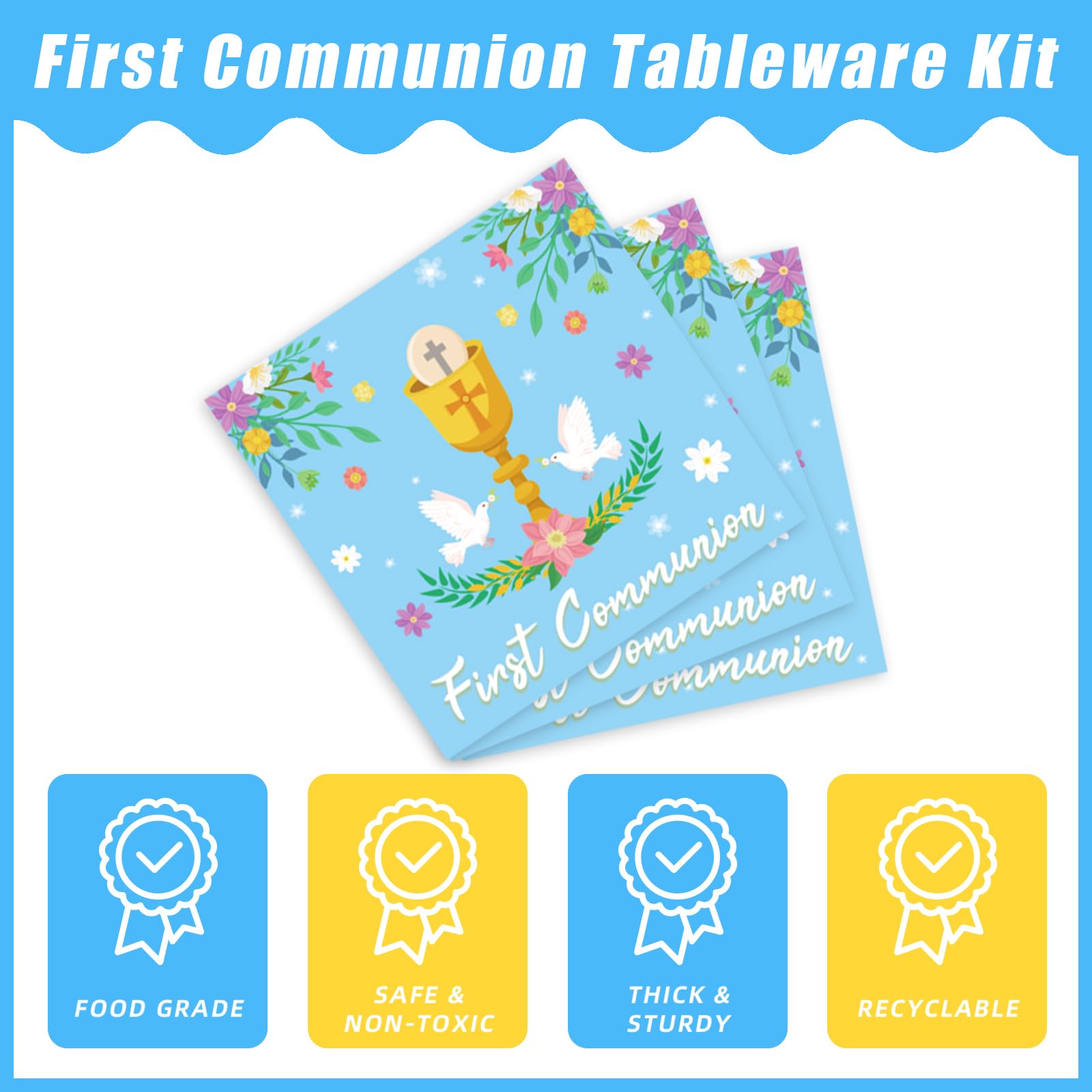 Kepeel 96 Pcs Blue Baptism Plates And Napkins, First Holy Communion Party Decorations Supplies For Boys God Bless Christening Ce