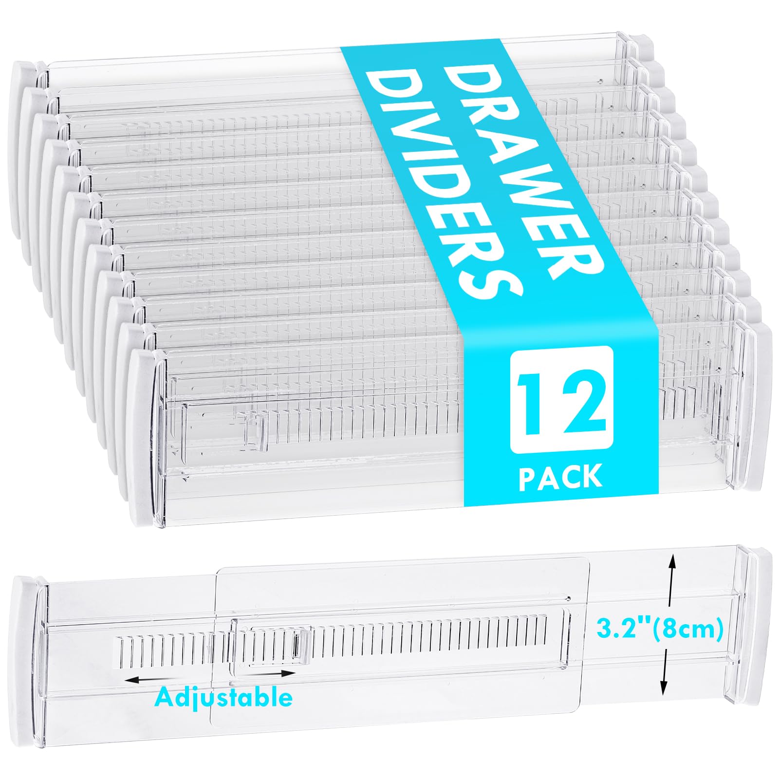 Drawer Dividers, 12 Pack Adjustable Drawer Organizers 3.2'' High Expandable from 11.3-20'' Clear Expandable Dresser Organizer fo