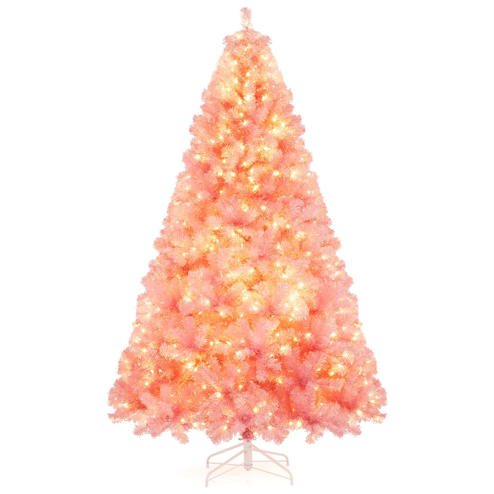 Goplus 7.5 FT Pre-Lit Tinsel Christmas Tree, Artificial Hinged Xmas Tree with 550 Warm White LED Lights, 8 Modes, 1300 Lush Bran