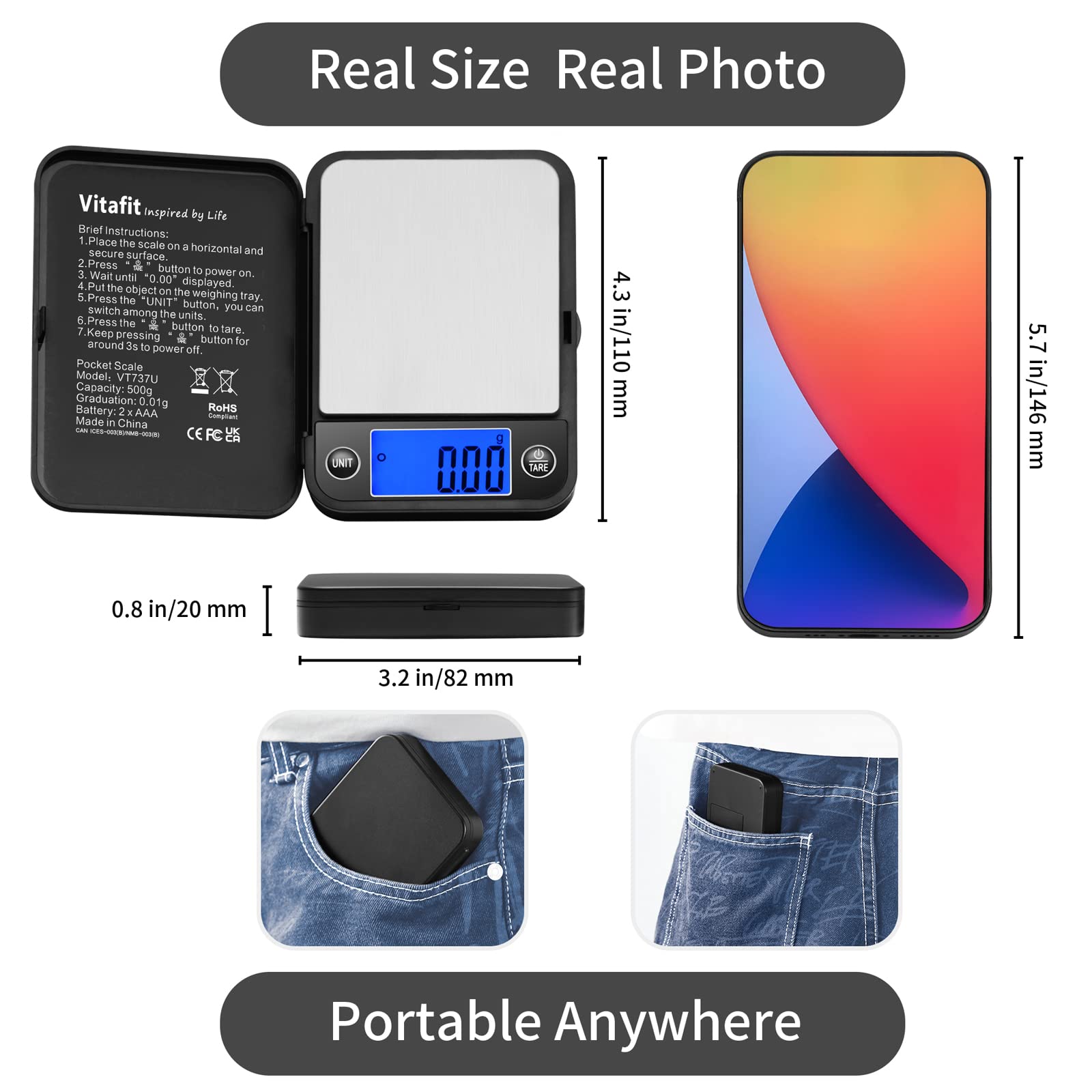 Vitafit 500g Digital Pocket Scale Weighing Professional Since 2001  0.01g High Accuracy Grams Scale for Multifunction: Lab Food Kitchen Coffee Jewelry; Black