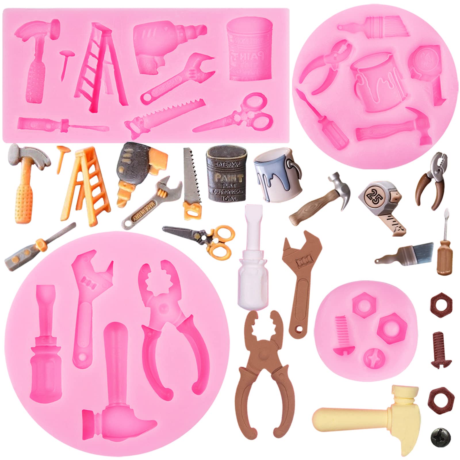 Hand Tools Silicone Molds 4 Pcs, Mini Construction Tools Chocolate Fondant Molds For Cupcake Toppers Mini Cake Decorating Candy