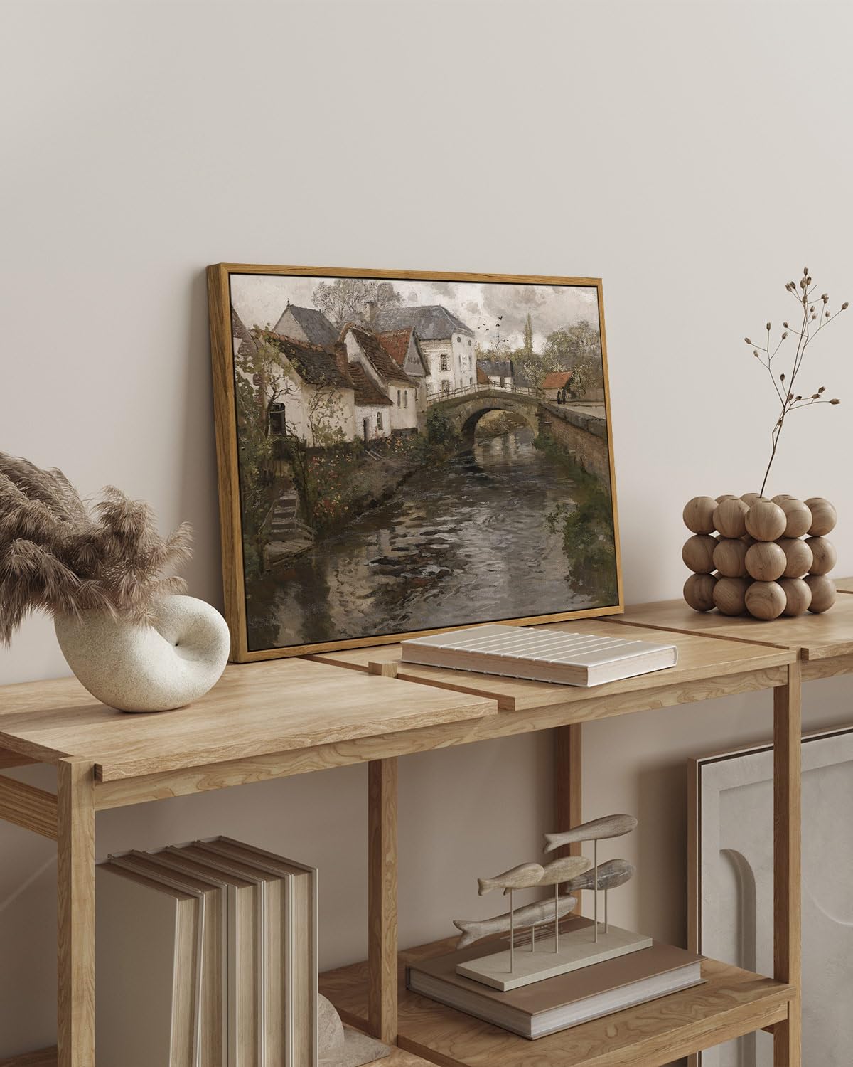 Insimsea Framed Canvas Wall Art Vintage Decor, Landscape Wall Art, Riverside Small Town Large Canvas Prints Home Decor, Rustic F
