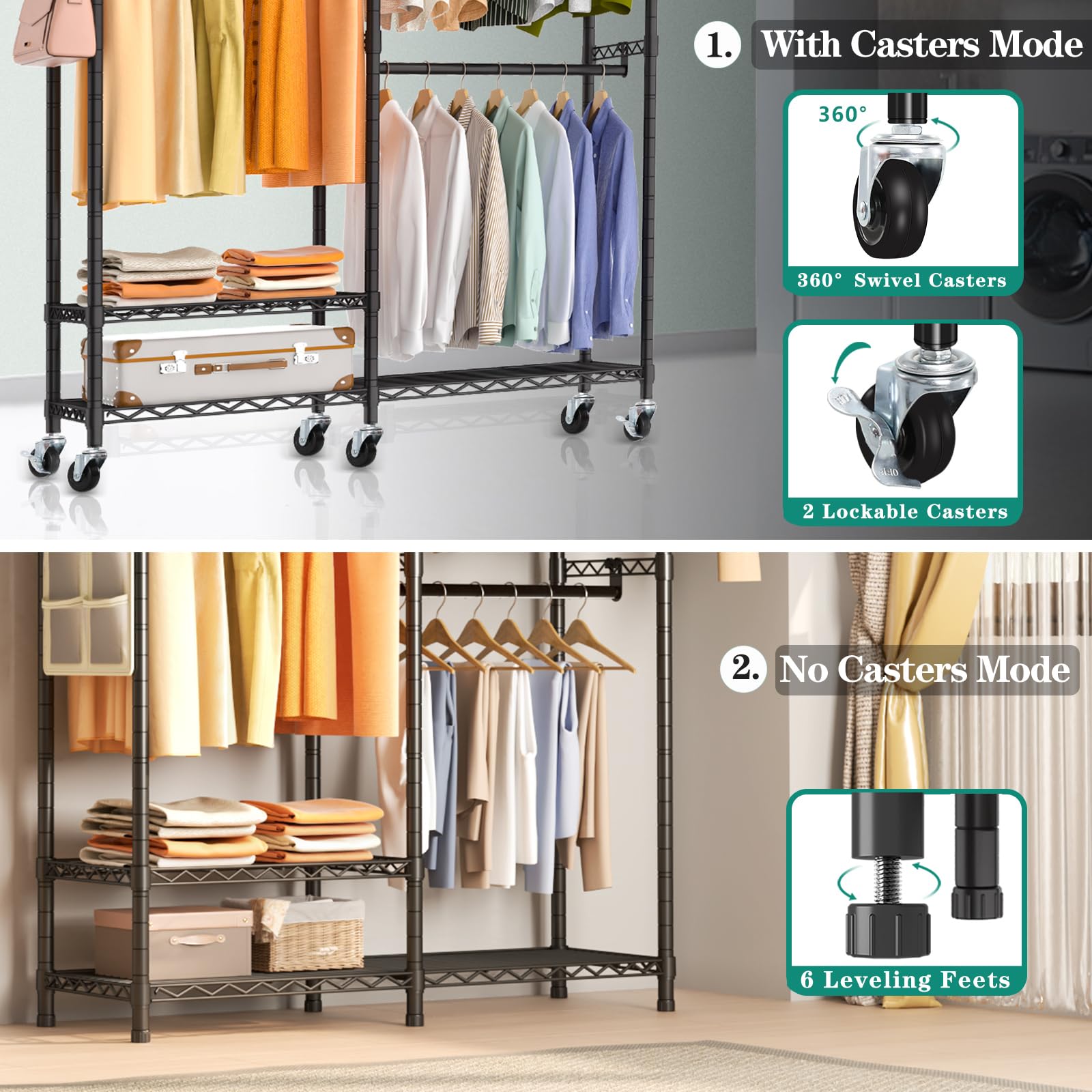 Exglobol Rolling Clothes Rack, Heavy Duty Garment Rack For Hanging Clothes, Wire Adjustable Rolling Clothing Rack With Lockable