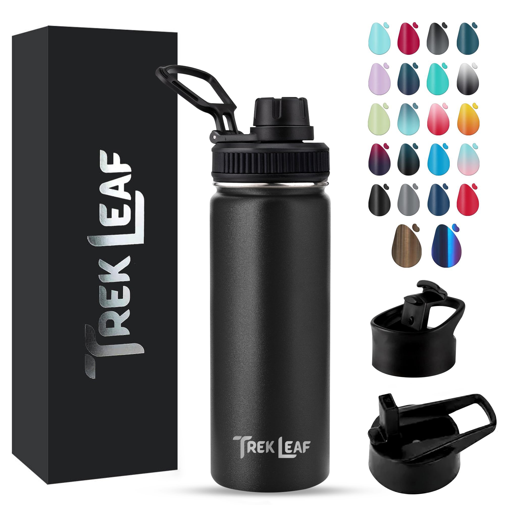 Trek Leaf Travel Water Bottle with 3 Lids (Spout, Straw, Flip) Leak Proof, Quality, Vacuum Insulated, Stainless Steel (Black, 18