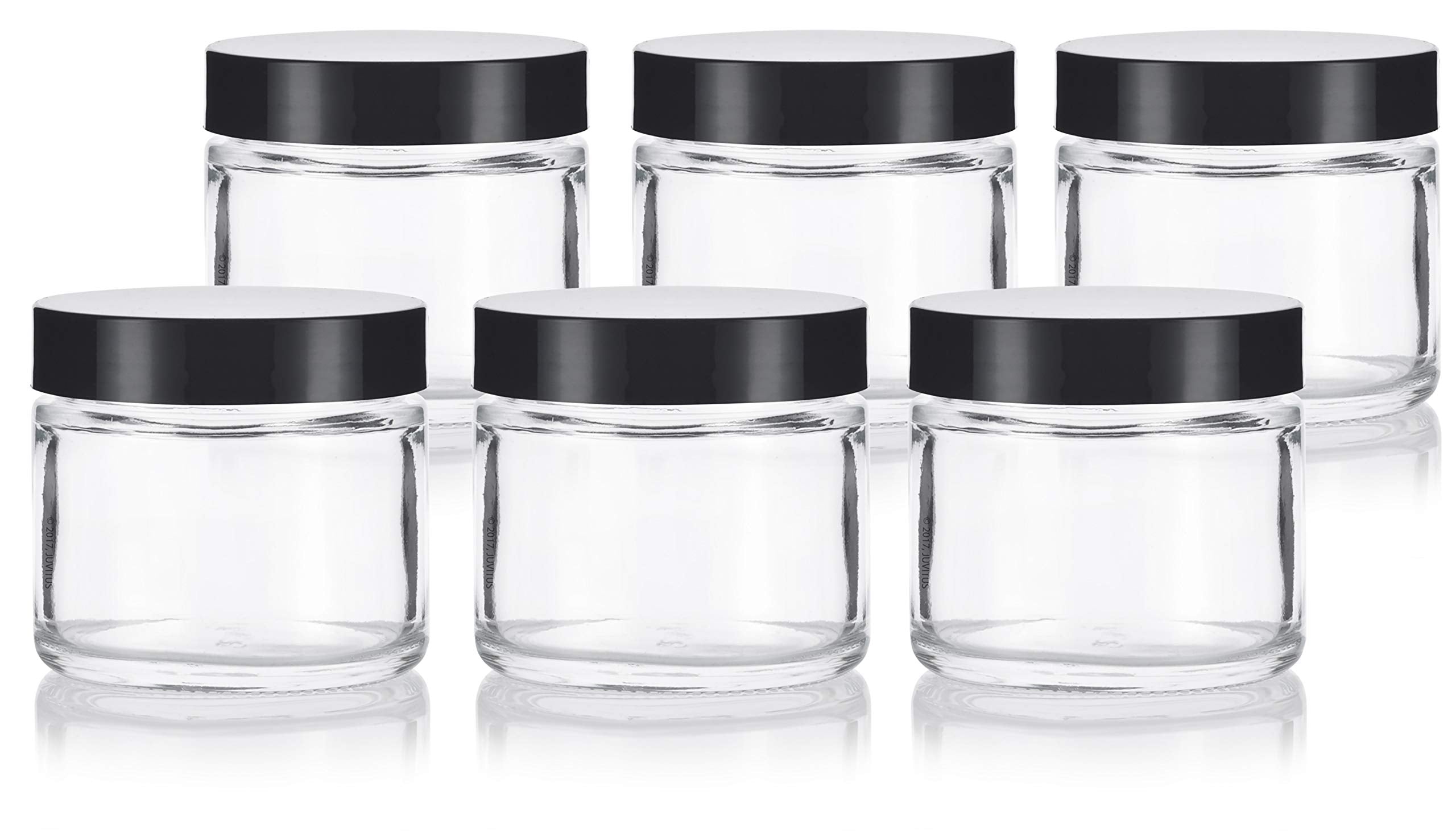 JUVITUS 2 oz / 60 ml Clear Thick Glass Straight Sided Jar with Black Lids (6 pack) Airtight Smell Proof