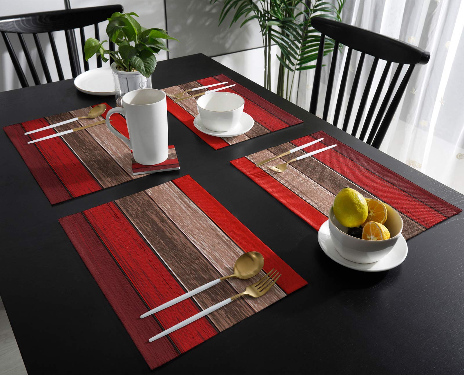 Vandarllin Christmas Red Brown Placemats Set Of 6, Retro Rustic Barn Wood Texture Polyester Stain Resistant Table Mats Washable