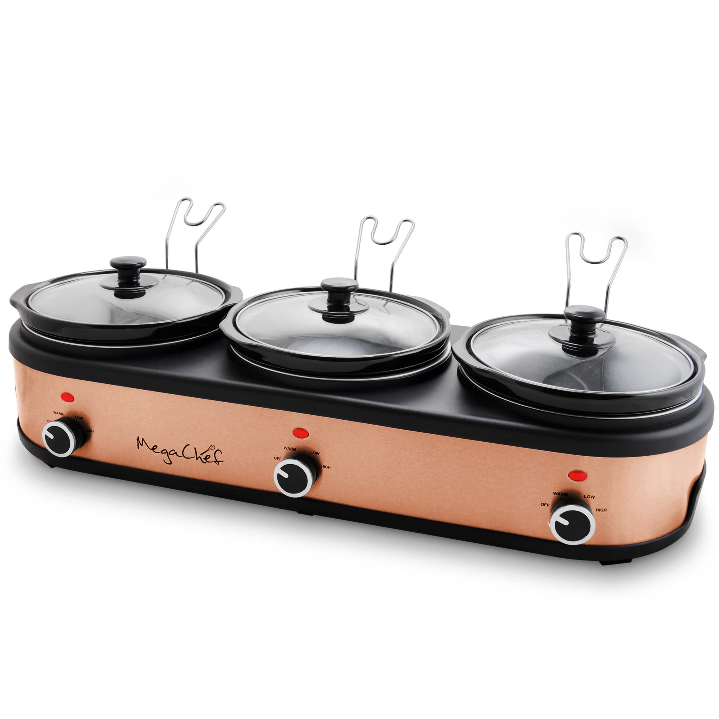 Megachef Triple 2.5 Quart Slow Cooker And Buffet Server In Brushed Copper And Black Finish With 3 Ceramic Cooking Pots And Remov