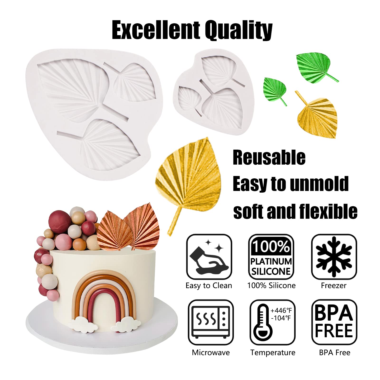 Boho Fondant Molds Silicone, Fan Leaf Molds 3D Fan Palm Leaf Shape Candy Chocolate Molds For Cupcake Topper, Boho Cake Decoratio