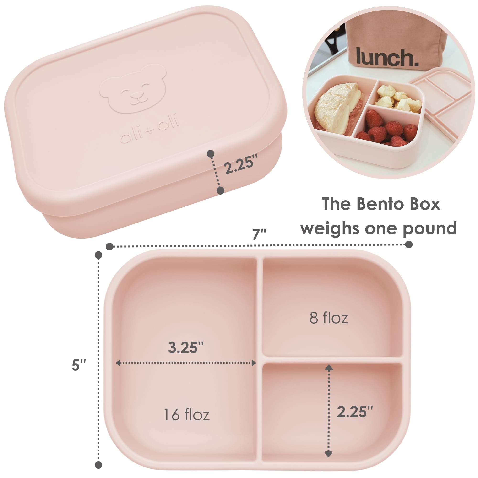 Ali+Oli Silicone Bento Box (Blush) Lunch Box For Kids, Toddlers, Preschoolers & Adults | Bpa-Free And Spill-Proof | Ideal For Sc