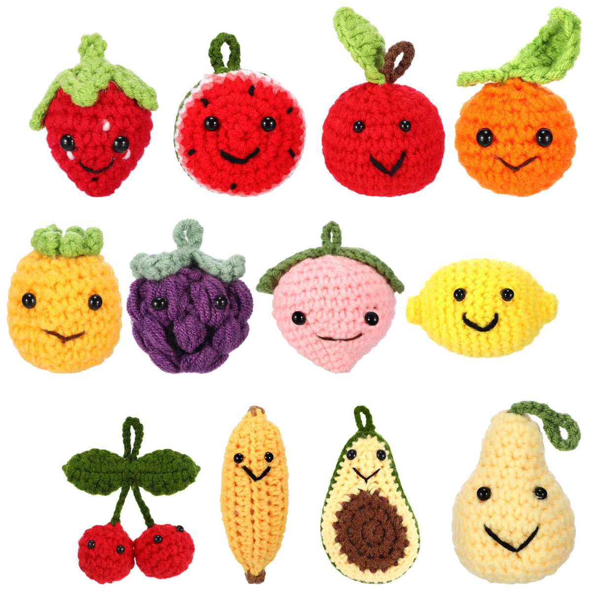 Mindsoft 12 Pcs Inspirational Positive Fruit Gift Crochet Keychain Charm Back To School Gift Cute Knitted Fruit Smile Face Charm