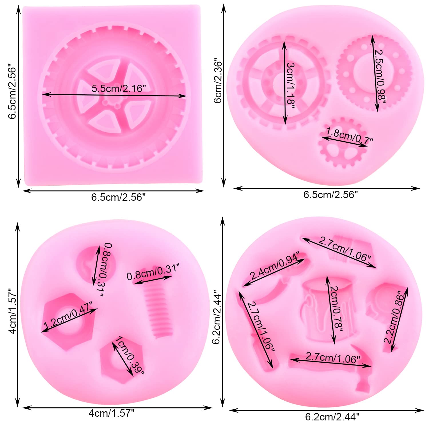 Mujiang Hand Tools Silicone Molds Construction Tools Fondant Mold Tire Gear Screw Nut Candy Mold For Cake Decorating Cupcake Top
