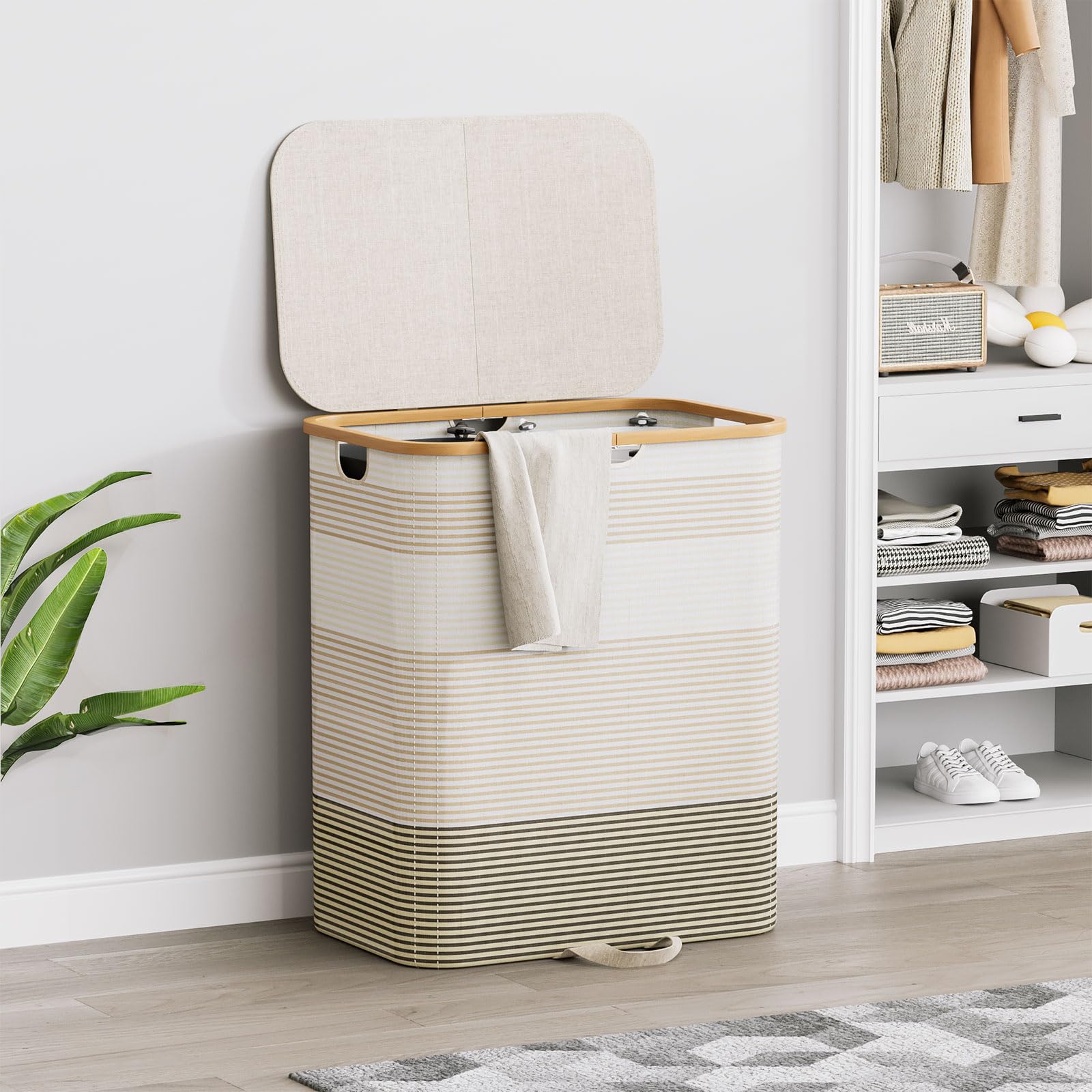 Xlhomo Double Laundry Hamper With Lid And Removable Bags, 150L Large Collapsible 2 Dividers Dirty Clothes Basket With Handles, B