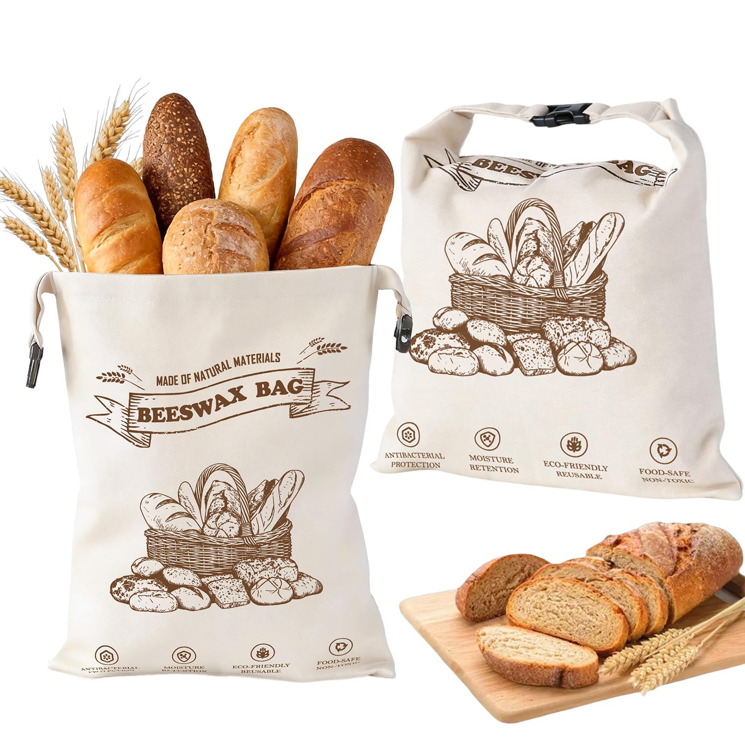Beeswax Bread Bags for Homemade Bread, 2 Packs XL Reusable Cotton Linen Sourdough Bread Bags to Keep Bread Fresh, Airtight Draws