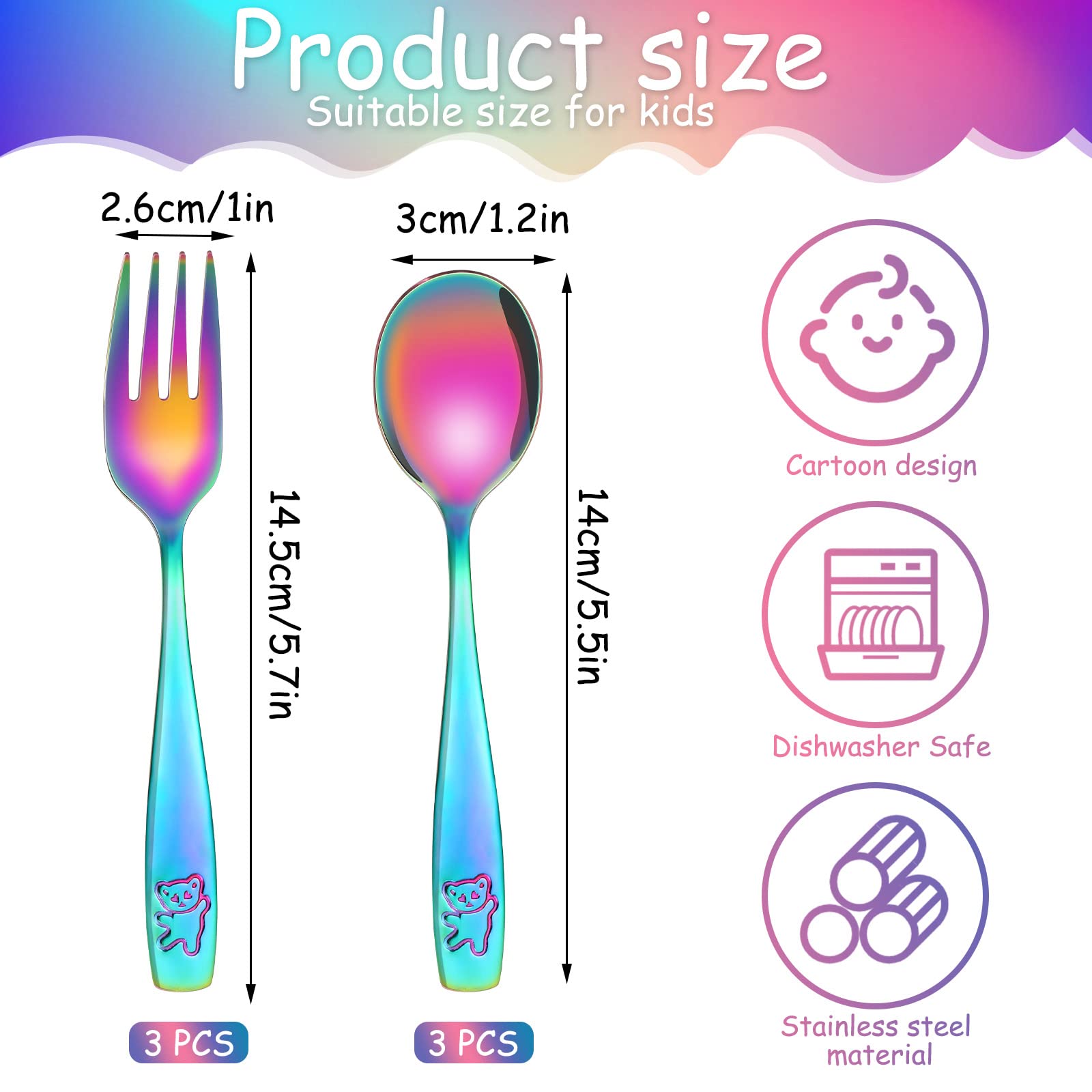 6 Pieces Toddler Utensils Kids Rainbow Silverware Stainless Steel Toddler Forks and Spoons Set, Metal Childrens Safe Flatware Ch