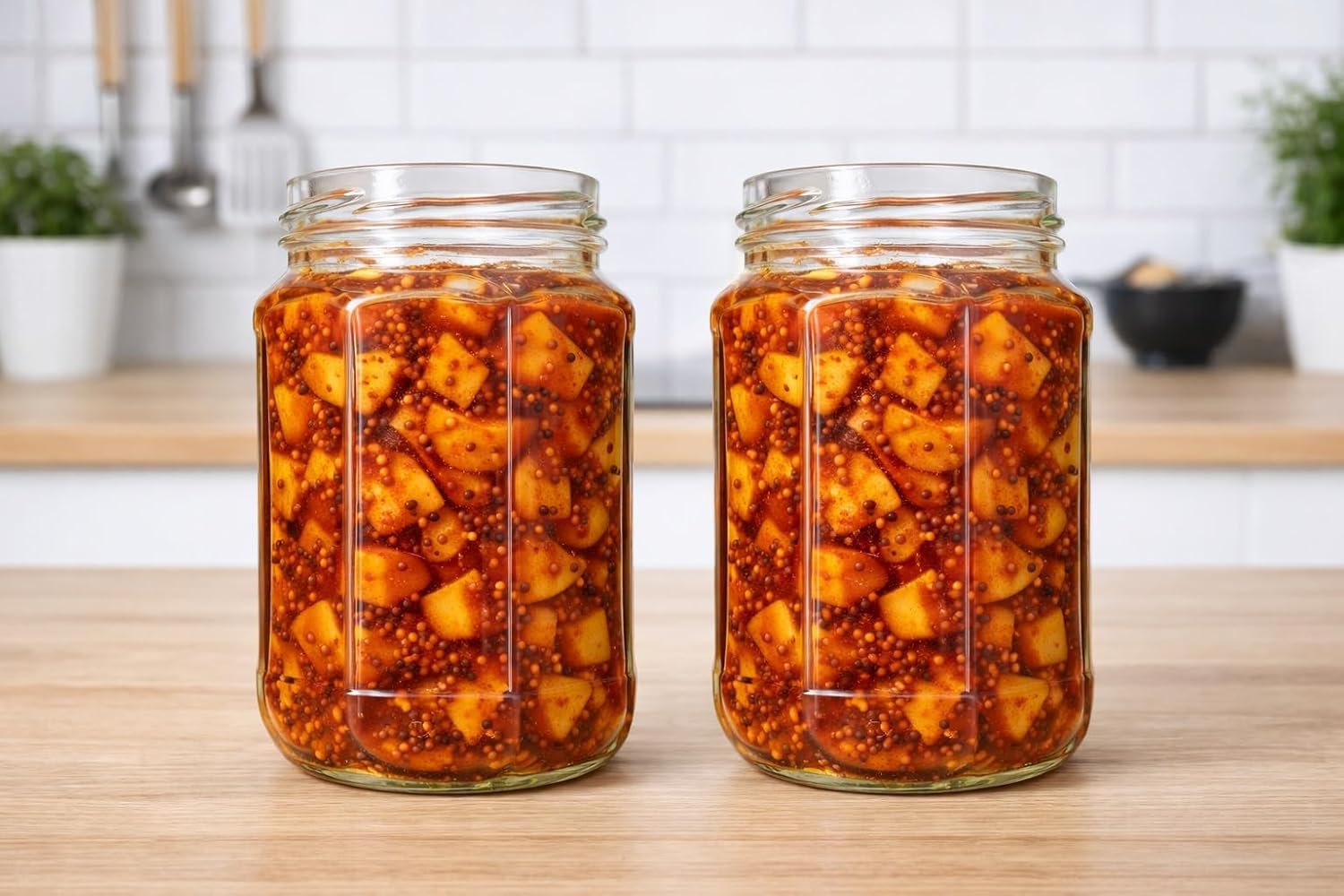 Vidazco Glass Pickle Jar Set Of 2 With Airtight Lid, Wide Mouth, Clear Transparent, For Achar, Spices, Masala & Homemade Food St