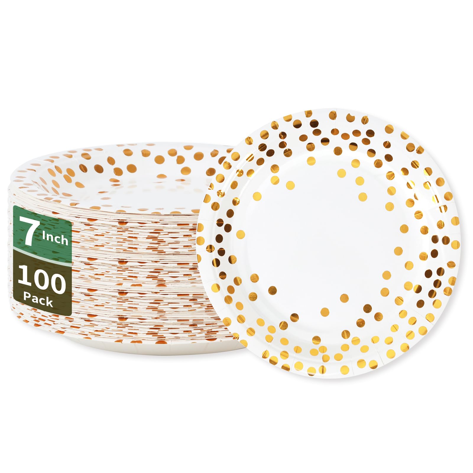 Cenlbj White And Gold Paper Plates,7Inch Gold Dot Dessert Plates,Disposable Party Supplies Suitable For Weddings,Birthdays,Brida