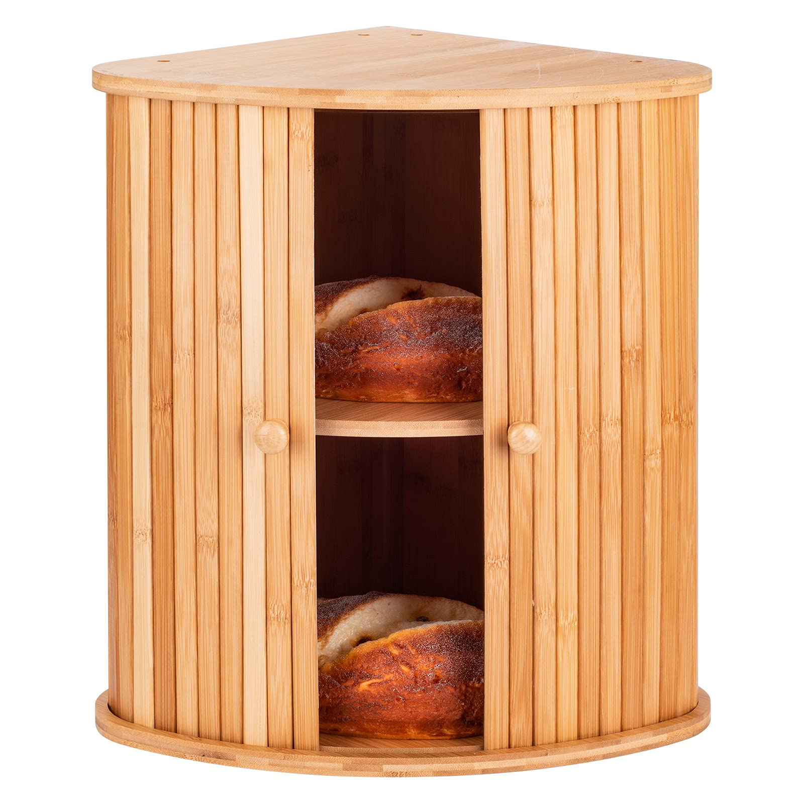Bamboo Bread Box For Kitchen Countertop Tomkid Farmhouse Corner Bread Box 2 Layer Bread Storage Container, Extra Large Bread Box