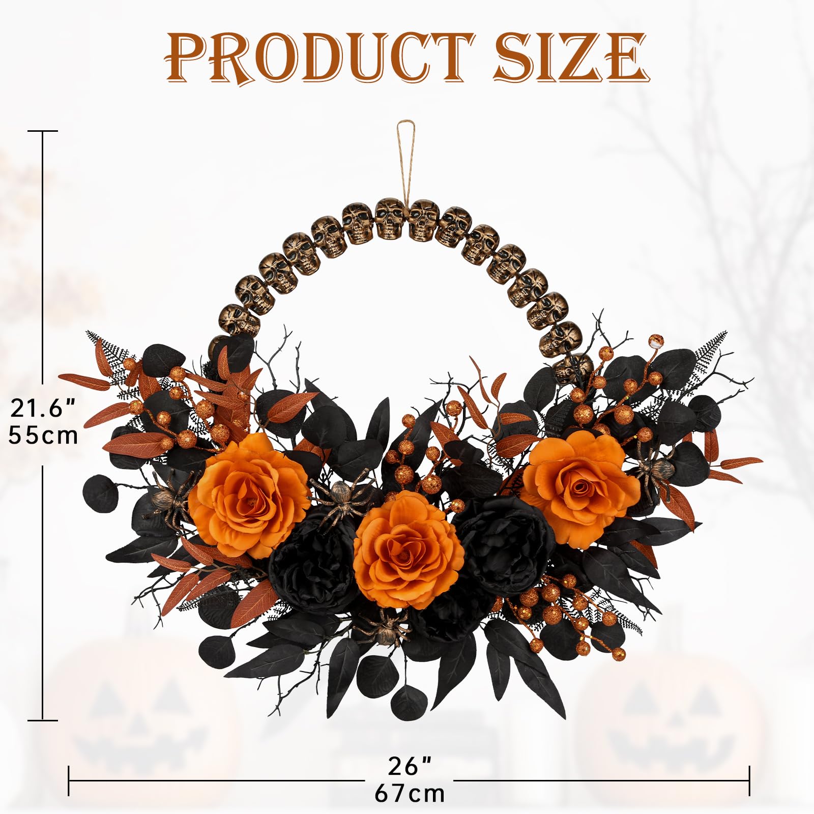 Halloween Wreath for Front Door 26 Black and Orange Peonies with Skull Base for Fall Autumn Indoor Window Door Thanksgiving Hall