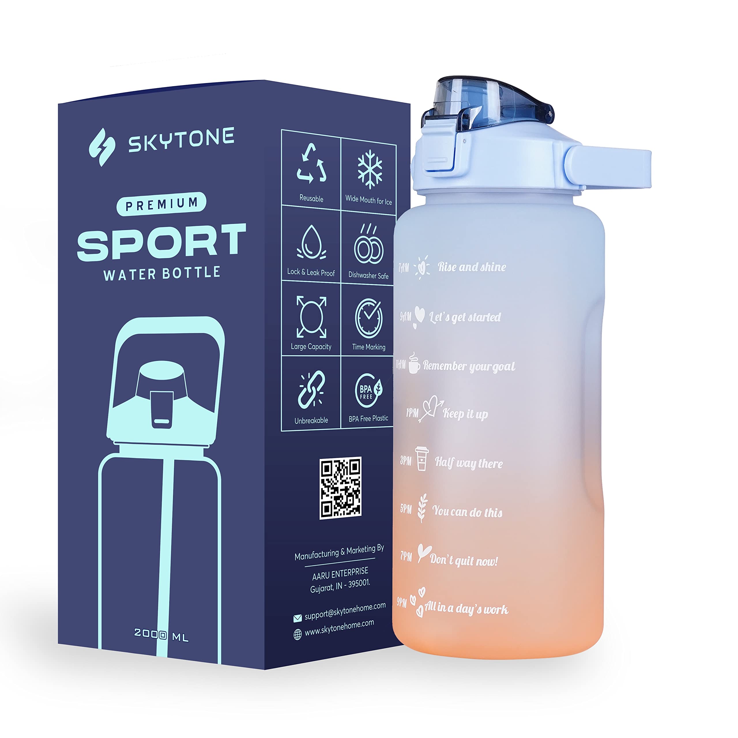Skytone Motivational Water Bottle, Spirit Gym Gallon With Time Marker Large Capacity 2 Liter, Leakproof Bpa Free Fitness Sports 