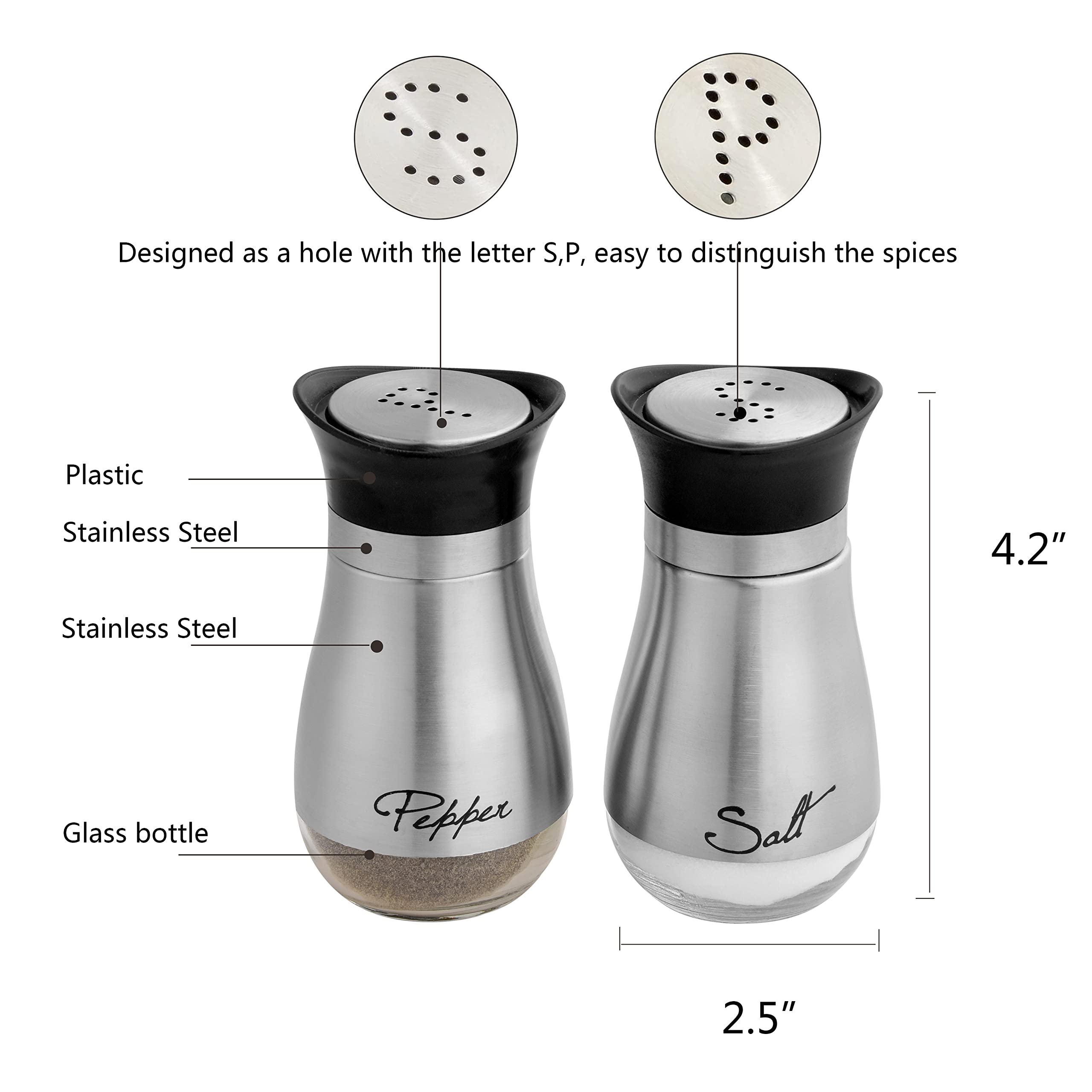 Wartter Stainless Steel And Glass Salt And Pepper Shaker Sets With Holder (Sliver)