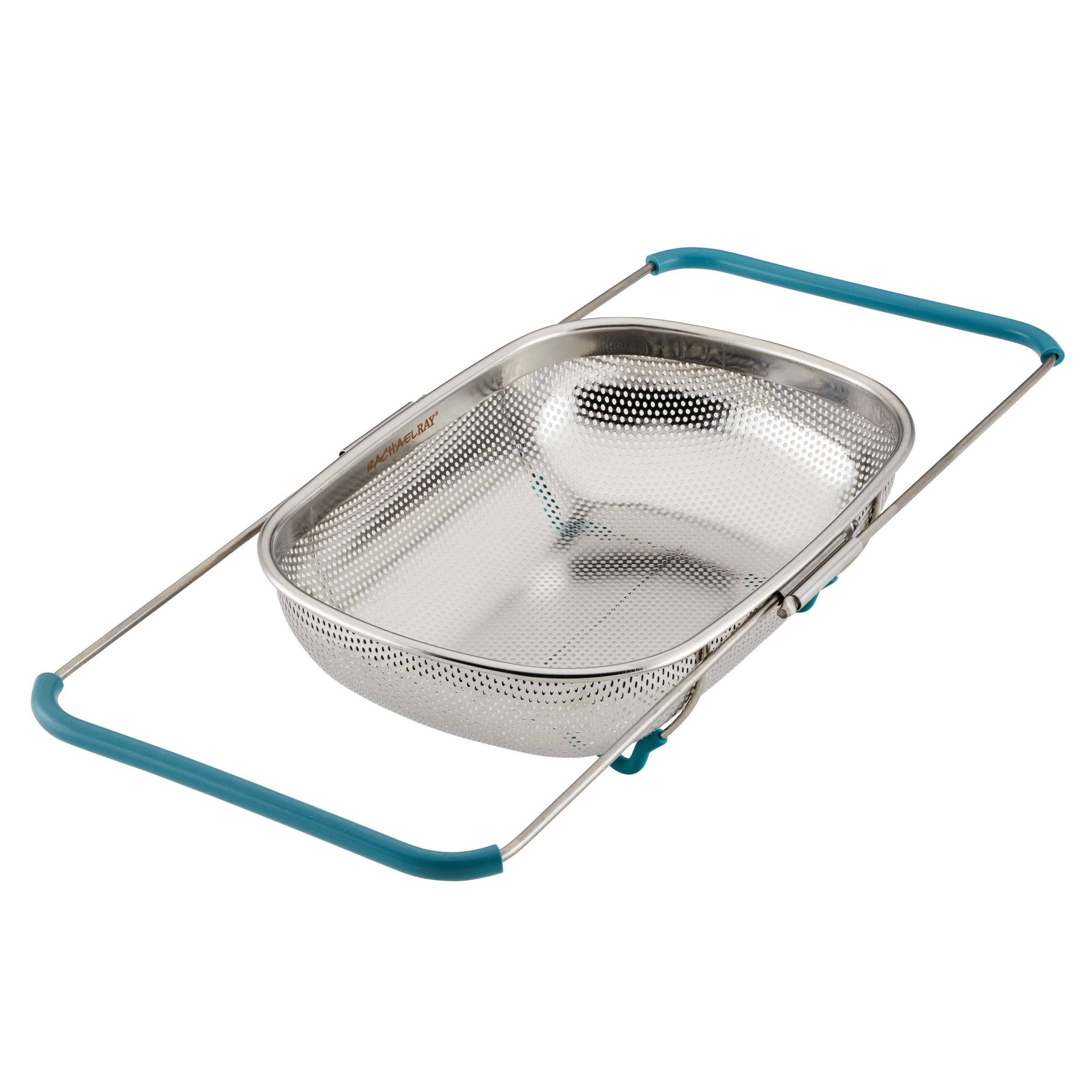Rachael Ray Tools And Gadgets Over-The-Sink Colander/Strainer, 4.5 Quart, Stainless Steel With Agave Blue Handles