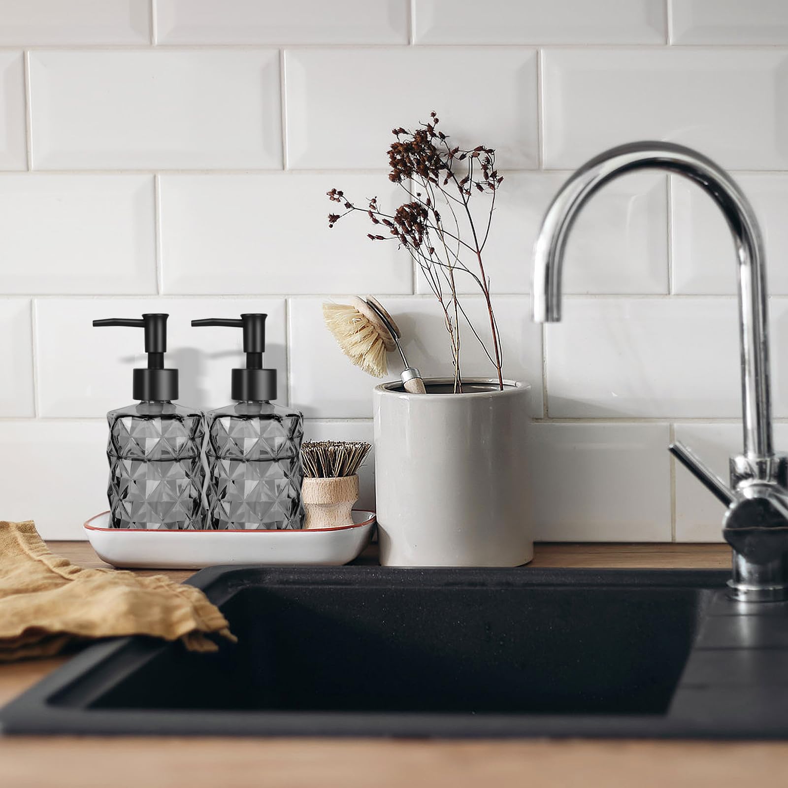 11Oz Soap Dispenser With Plastic Pump, Clear Black Bathroom Soap Dispenser For Hand Wash & Dish Wash, Elegant Bathroom Soap Disp