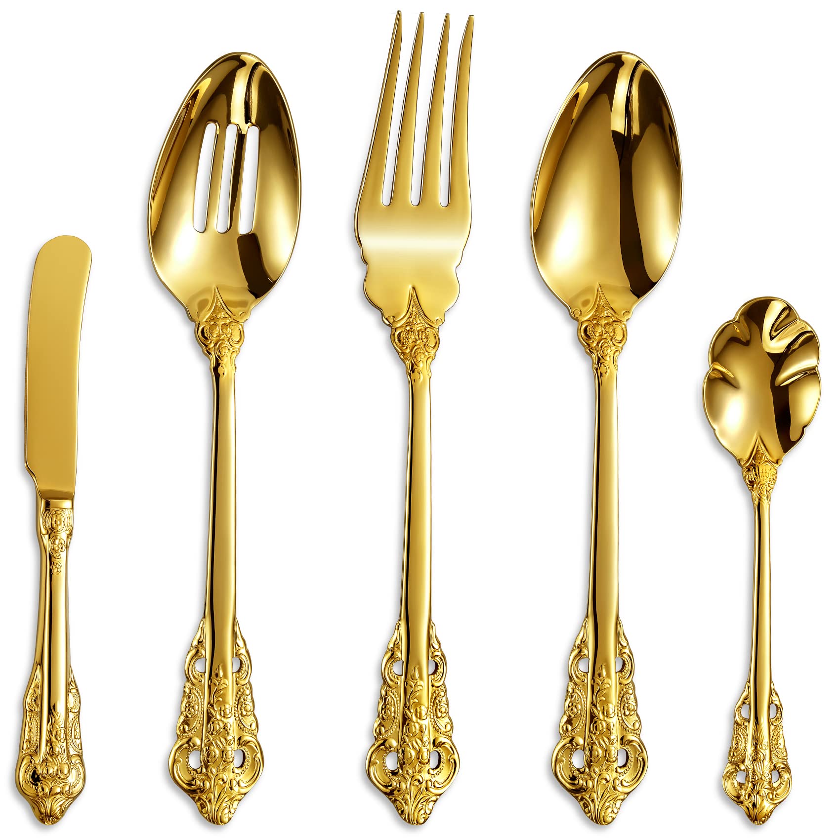 Keawell Gorgeous 5-Piece 18/10 Stainless Steel Hostess Serving Utensil Set, Gold